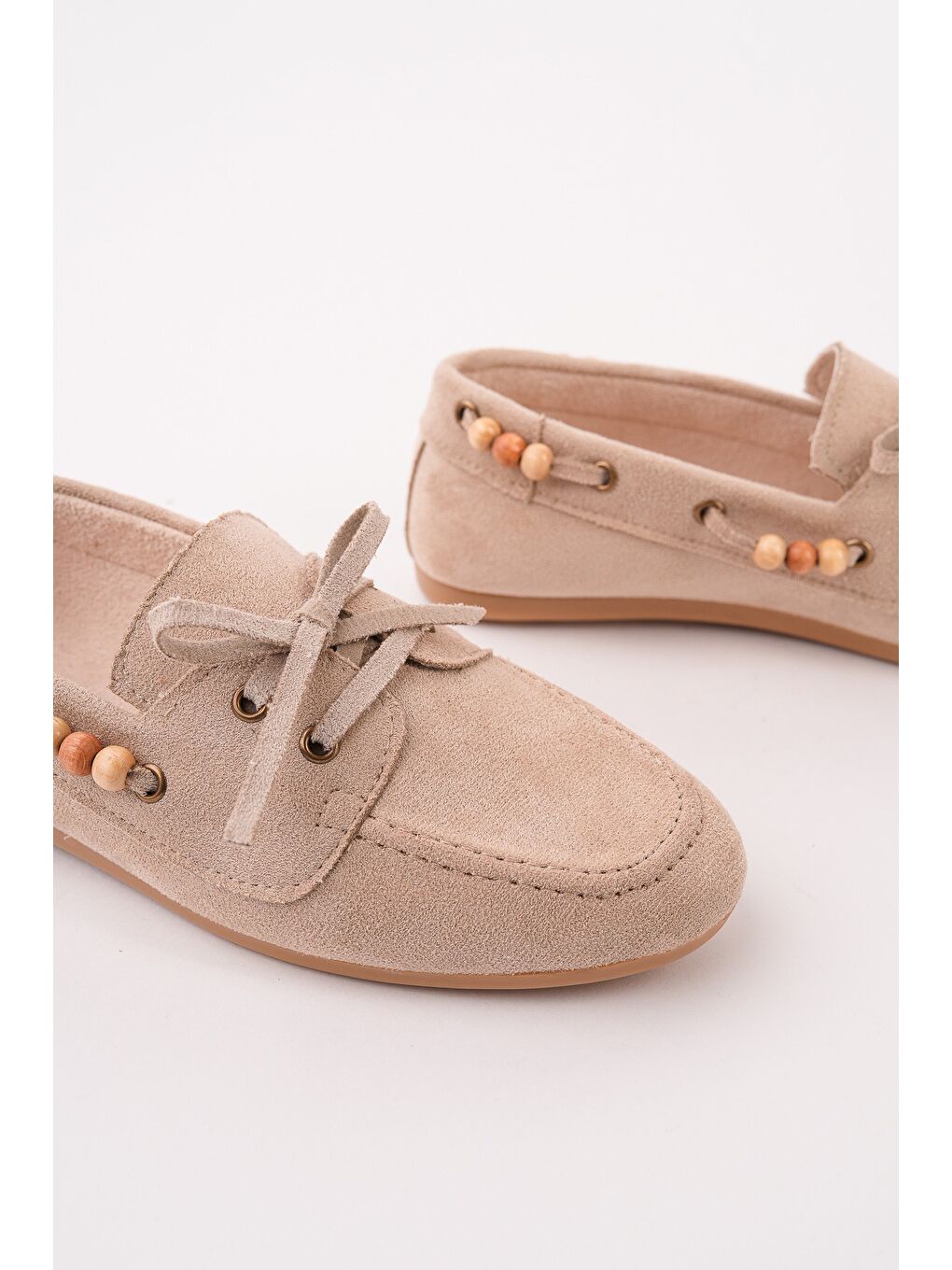 Bej MULTİ Renkli Boncuk Detaylı Kadın Günlük Bağcıklı Loafer Ayakkabı-6