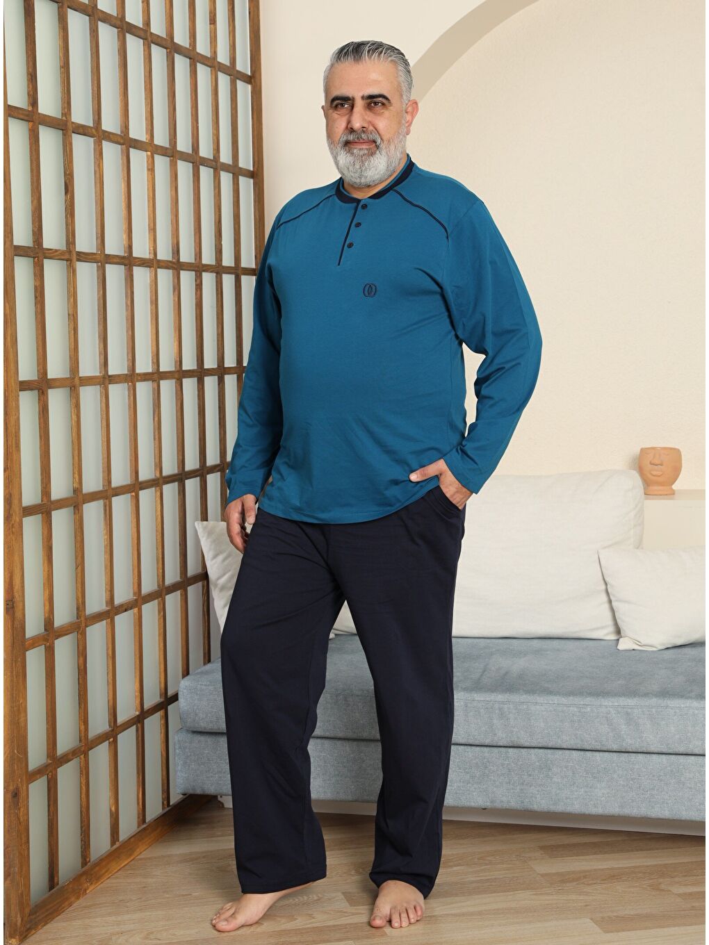 İndigo PREMIUM Erkek %100 Doğal Pamuk Biyeli Yüksek Kaliteli Düğmeli Kısa Kollu Battal Pijama Takımı-5