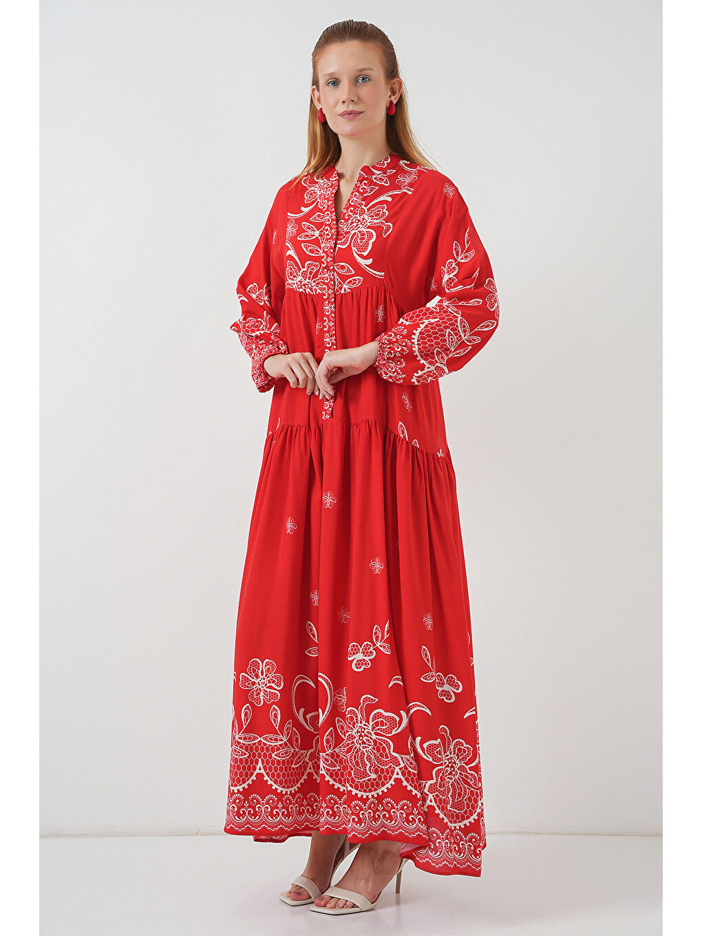 Kadın Desenli Uzun Tesettür Elbise 2585 - D.Kırmızı-2