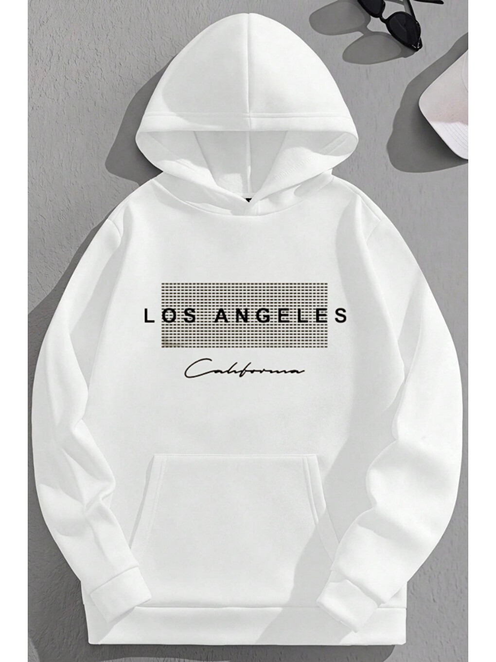 Unisex 3 İplik Pamuklu Beyaz Nodelosangeles Baskı Bol Kalıp Sweatshirt Hoodie