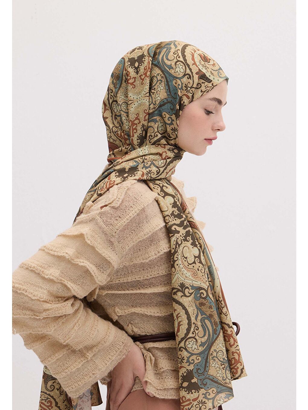 Bej Etnıc Paısley Desen Şal Deve Tüyü-1