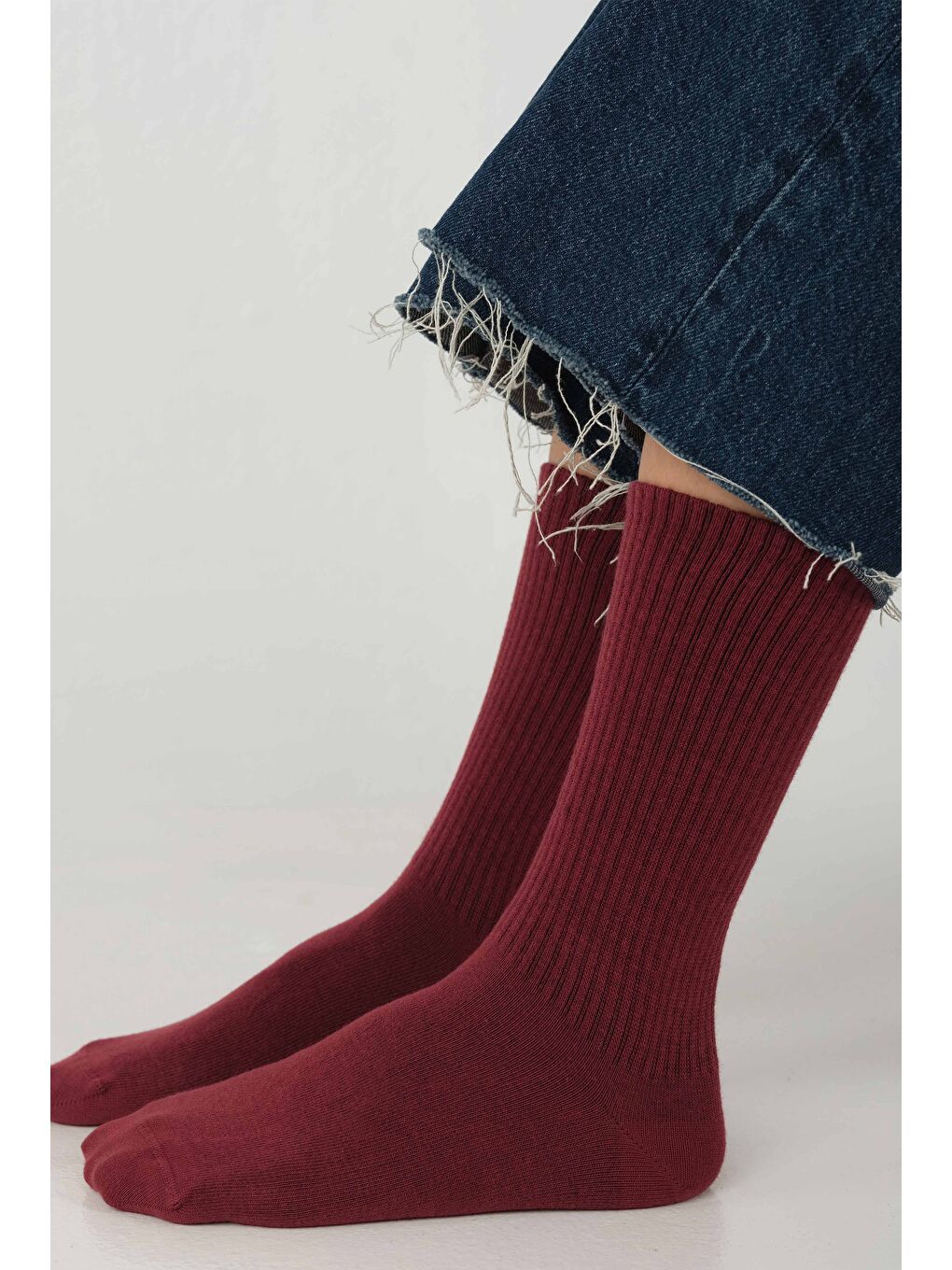 Düz Lastik Örgü Soket Çorap Bordo-2