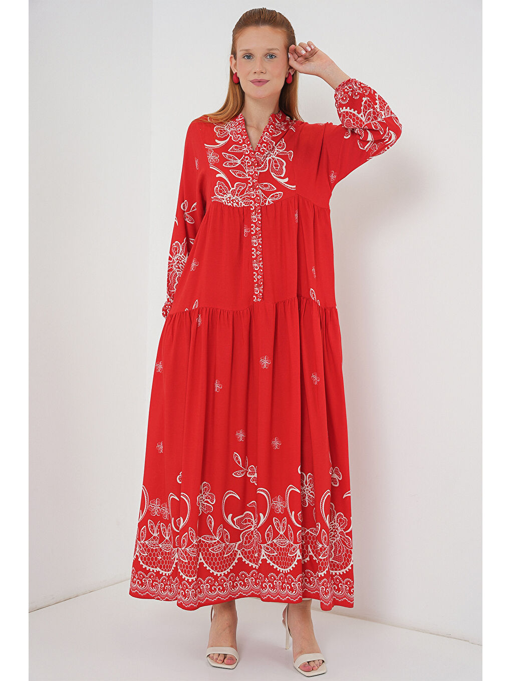 Kadın Desenli Uzun Tesettür Elbise 2585 - D.Kırmızı-3