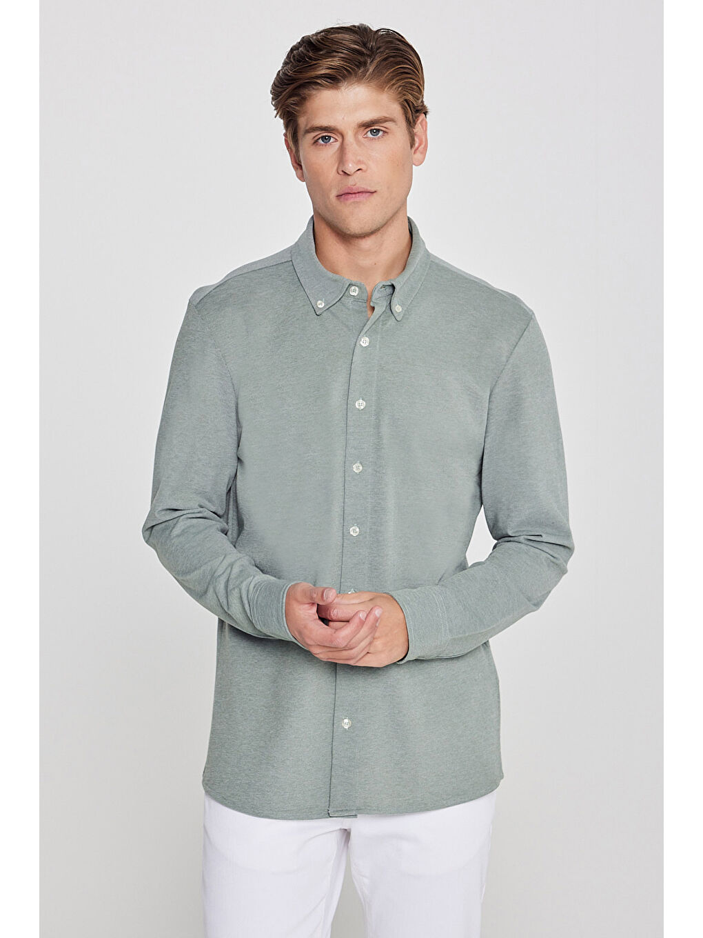 Erkek Haki Pamuklu Tailored Slim Fit Dar Kesim Düğmeli Yaka Örme Gömlek-2