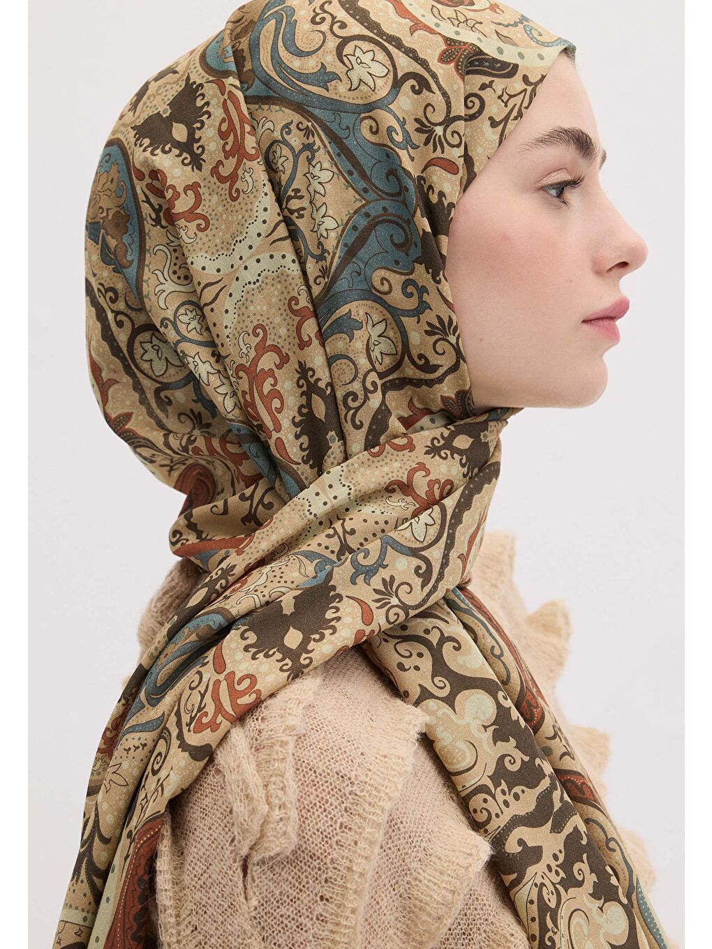 Bej Etnıc Paısley Desen Şal Deve Tüyü-3