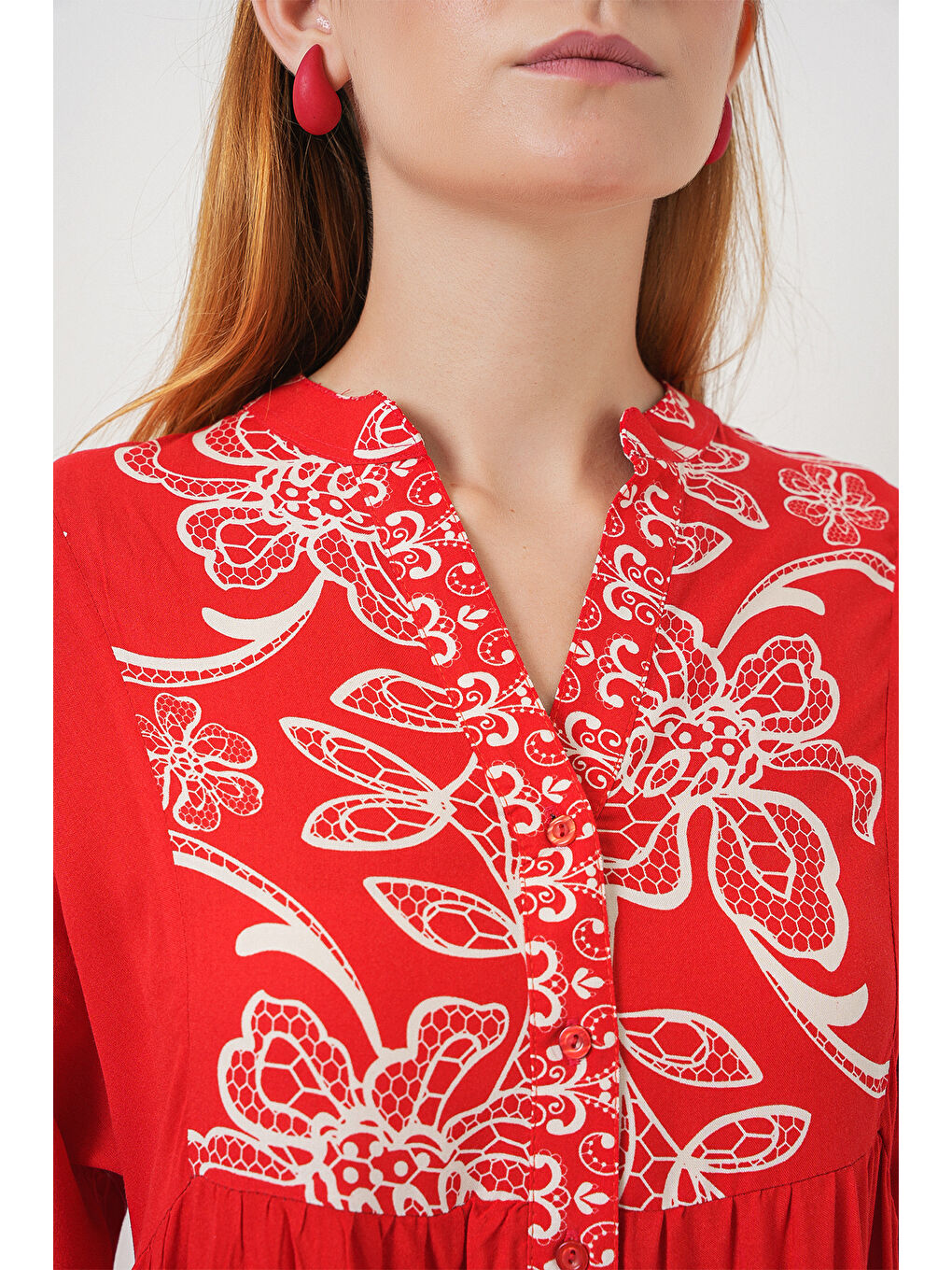 Kadın Desenli Uzun Tesettür Elbise 2585 - D.Kırmızı-4