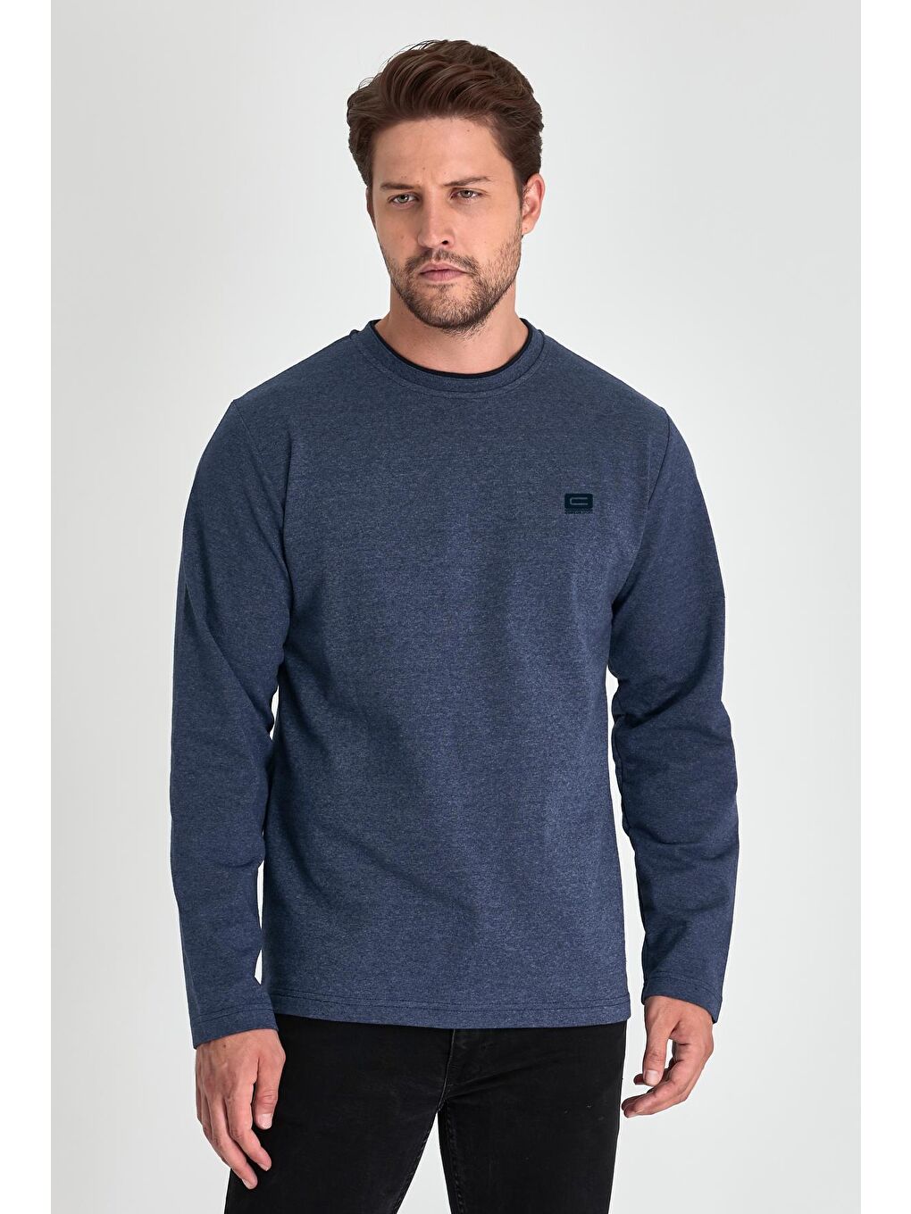 MMETALIC İndigo Erkek İndigo Çift Bisiklet Yaka Baskı Detaylı Standart Rahat Kesim Sweatshirt - 3