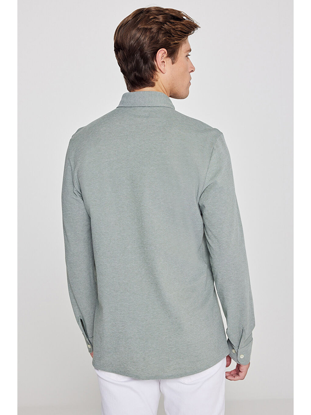 Erkek Haki Pamuklu Tailored Slim Fit Dar Kesim Düğmeli Yaka Örme Gömlek-4