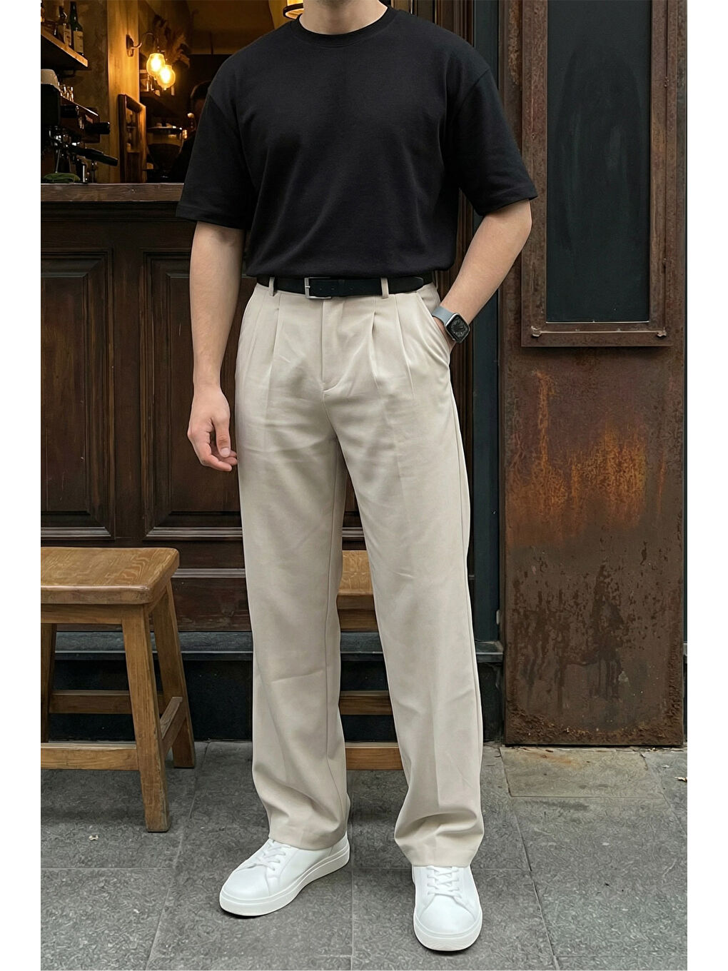 Bej Erkek Kumaş Baggy Kalıp Pileli Pantolon-1