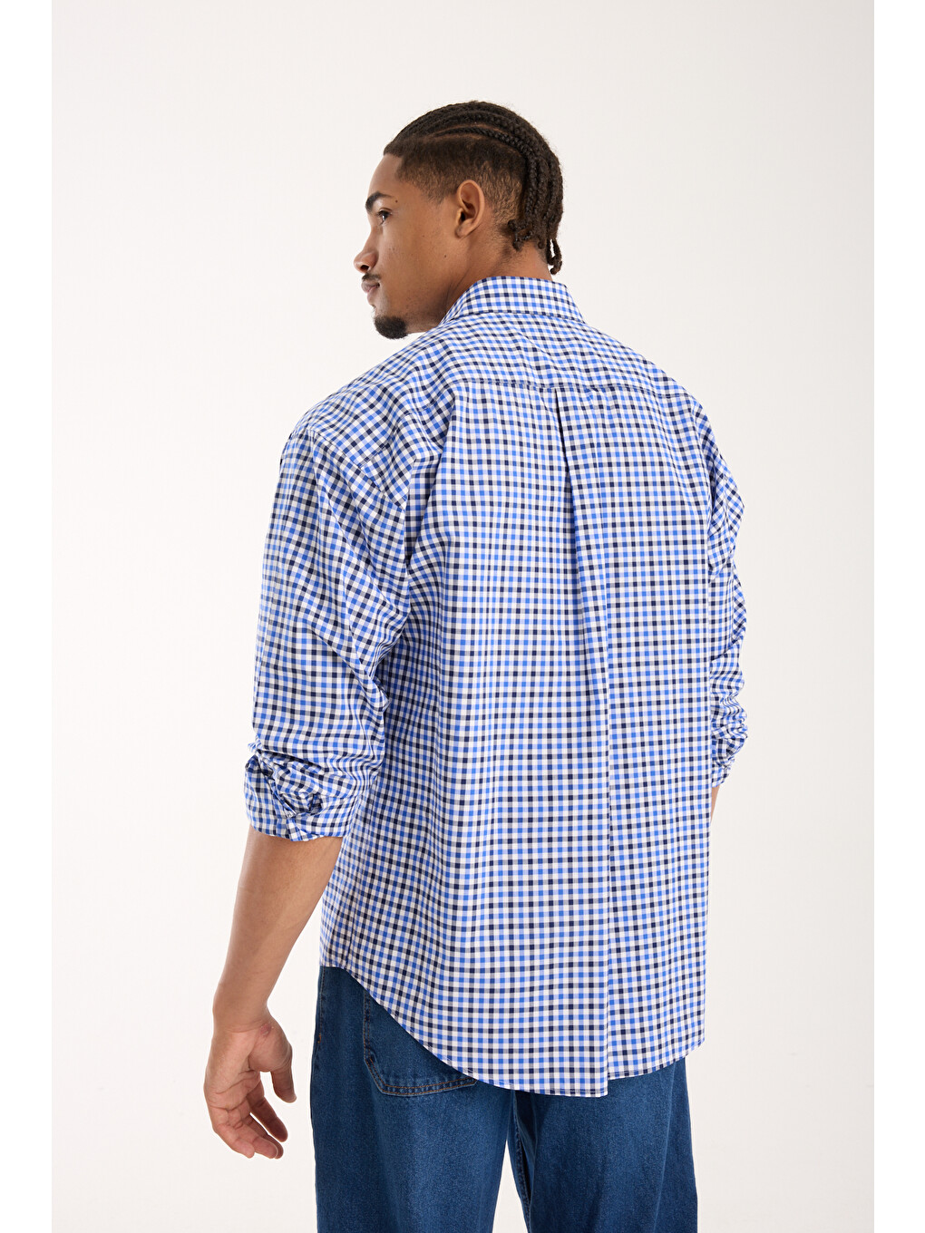 Rio Poplin Pamuklu Oversize Fit Koyu Mavi Klasik Yaka Erkek Kareli Gömlek-4