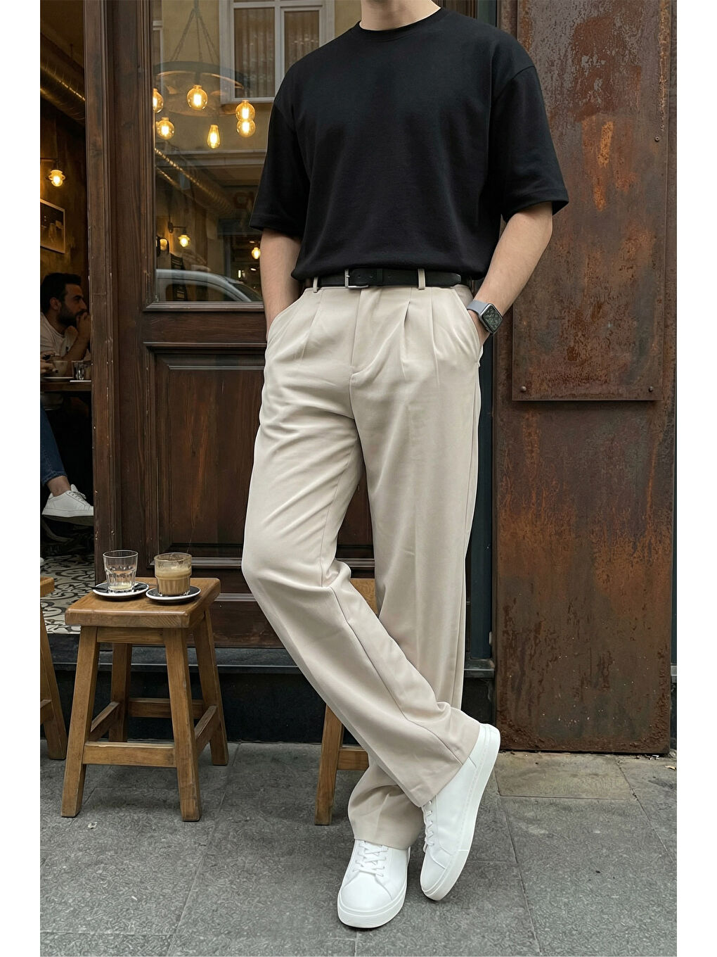 Bej Erkek Kumaş Baggy Kalıp Pileli Pantolon-2