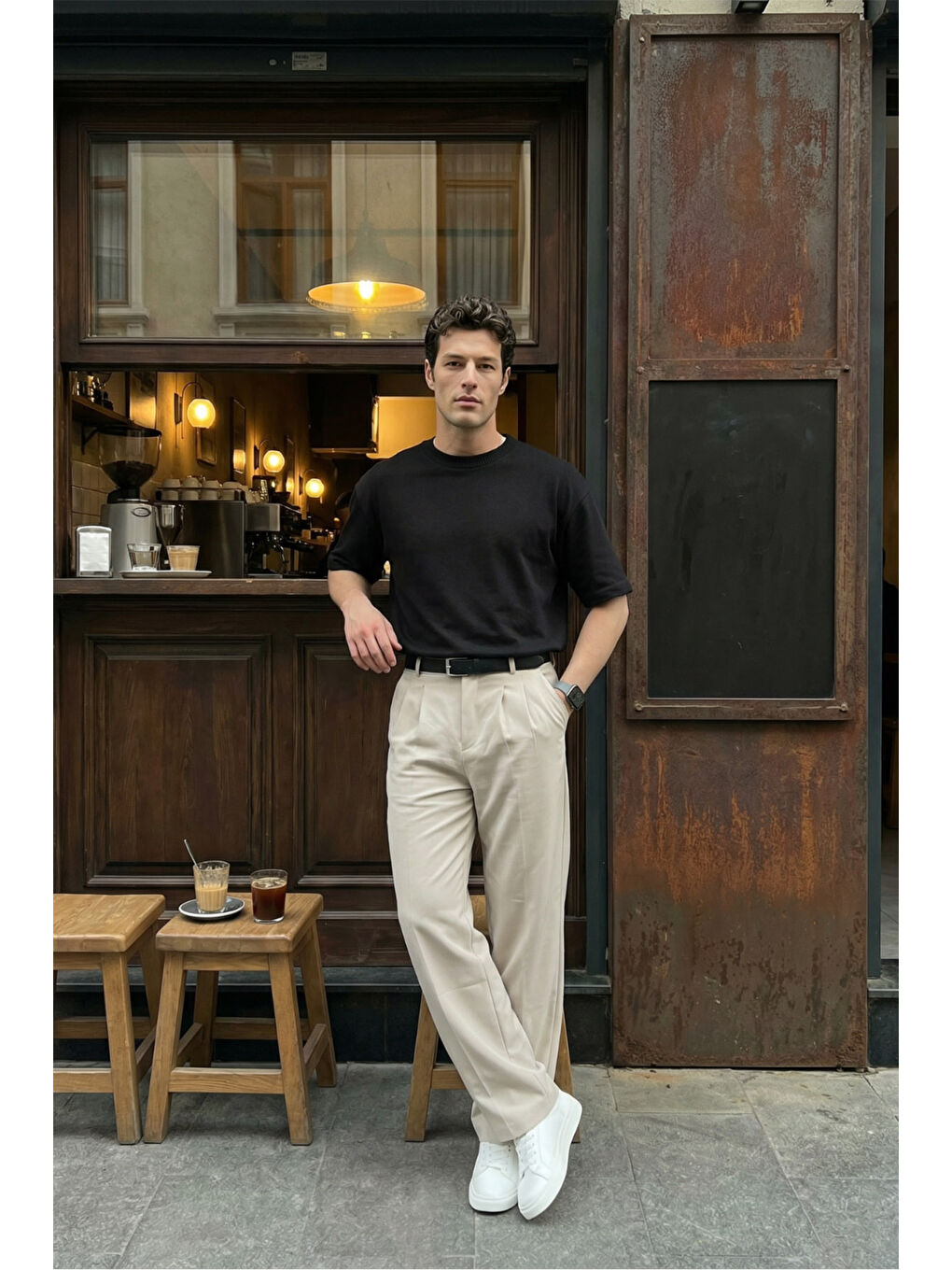 Bej Erkek Kumaş Baggy Kalıp Pileli Pantolon-3