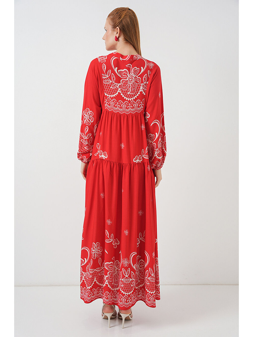 Kadın Desenli Uzun Tesettür Elbise 2585 - D.Kırmızı-5