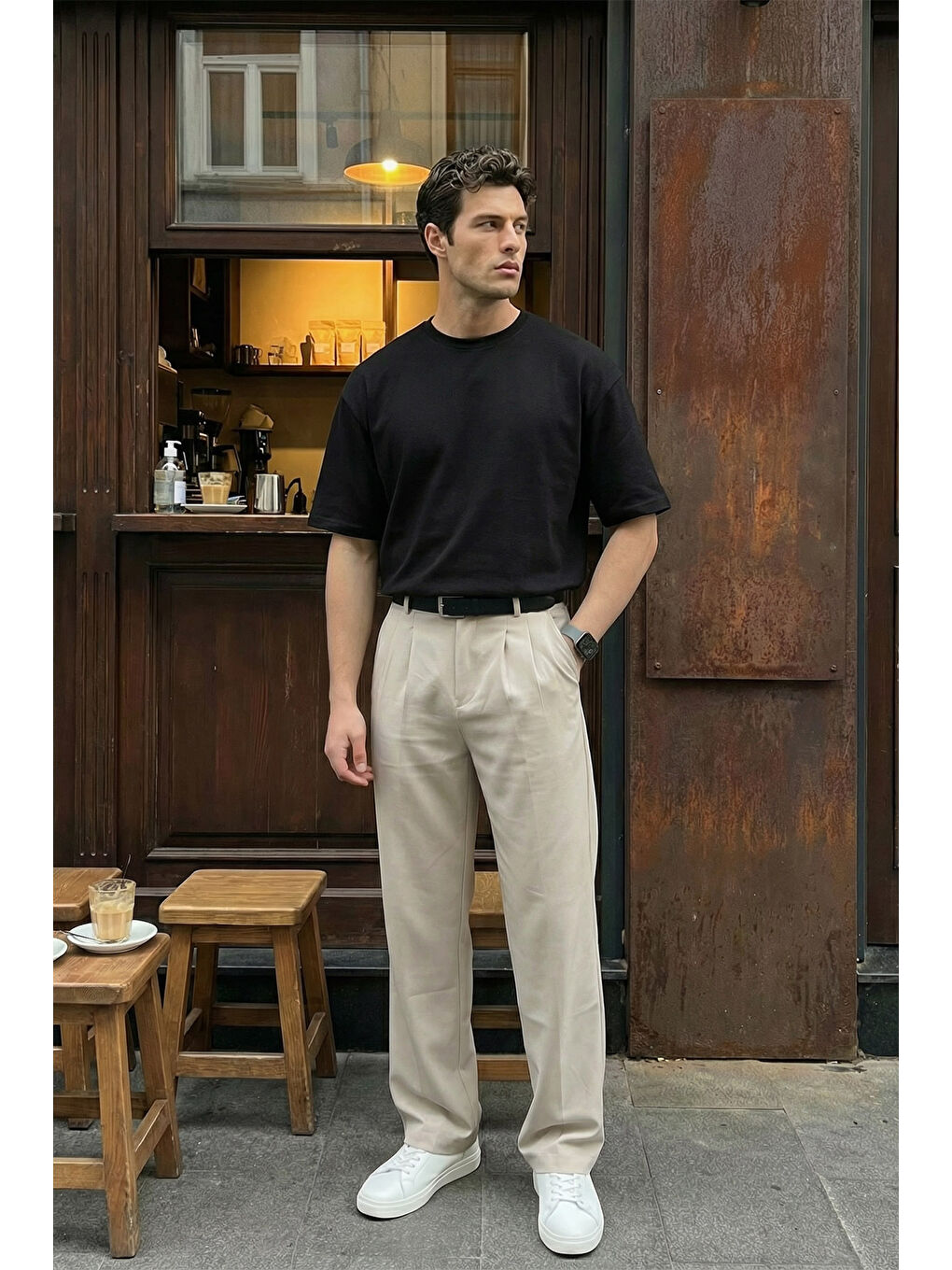 Bej Erkek Kumaş Baggy Kalıp Pileli Pantolon-4