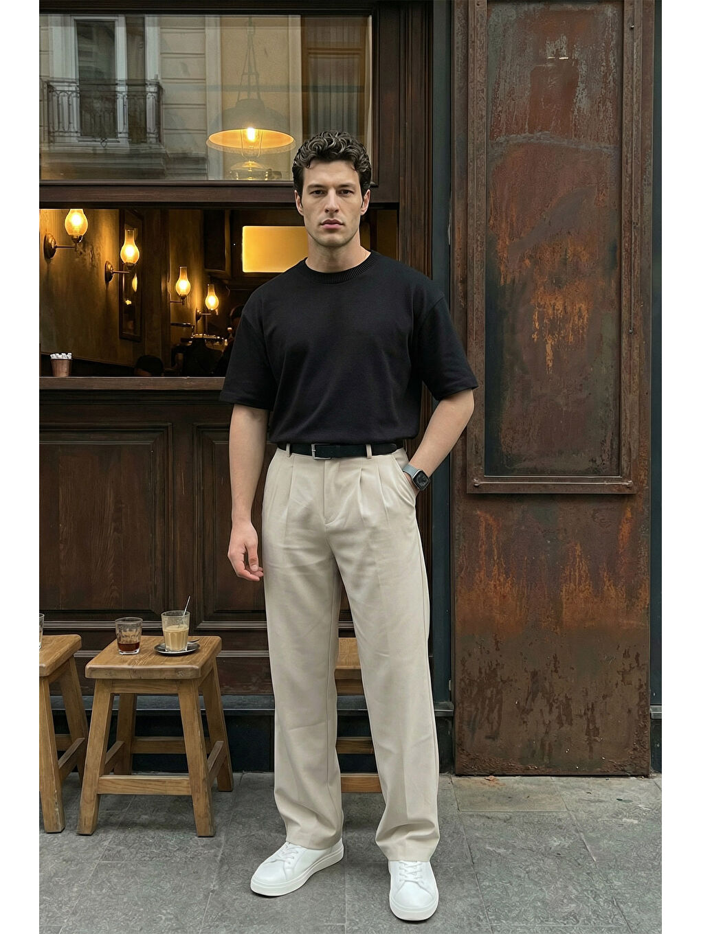 Bej Erkek Kumaş Baggy Kalıp Pileli Pantolon-5