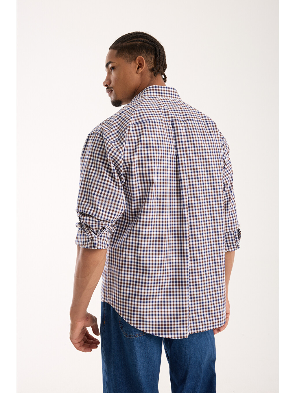 Rio Poplin Pamuklu Oversize Fit Kahverengi Klasik Yaka Erkek Kareli Gömlek-4