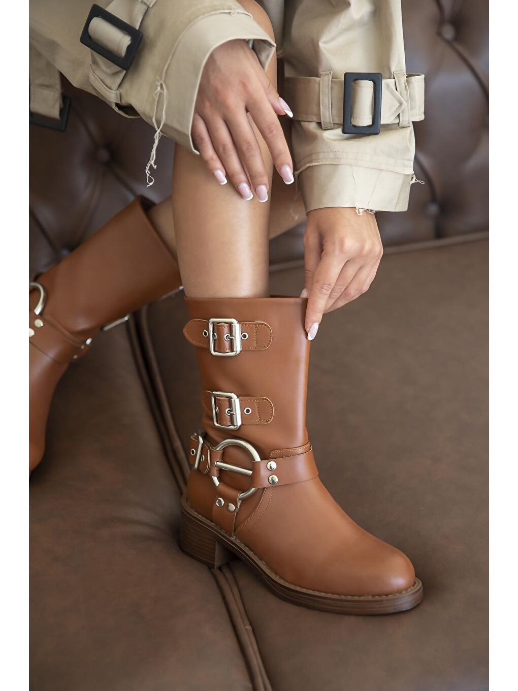 Kahverengi Senya Kadın Aksesuar Detay Deri Bot Taba-2