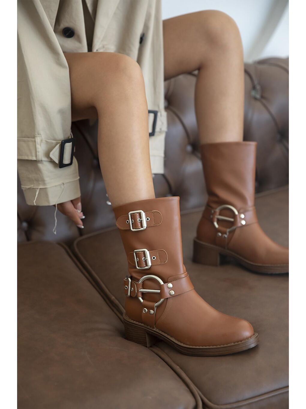 Kahverengi Senya Kadın Aksesuar Detay Deri Bot Taba-3