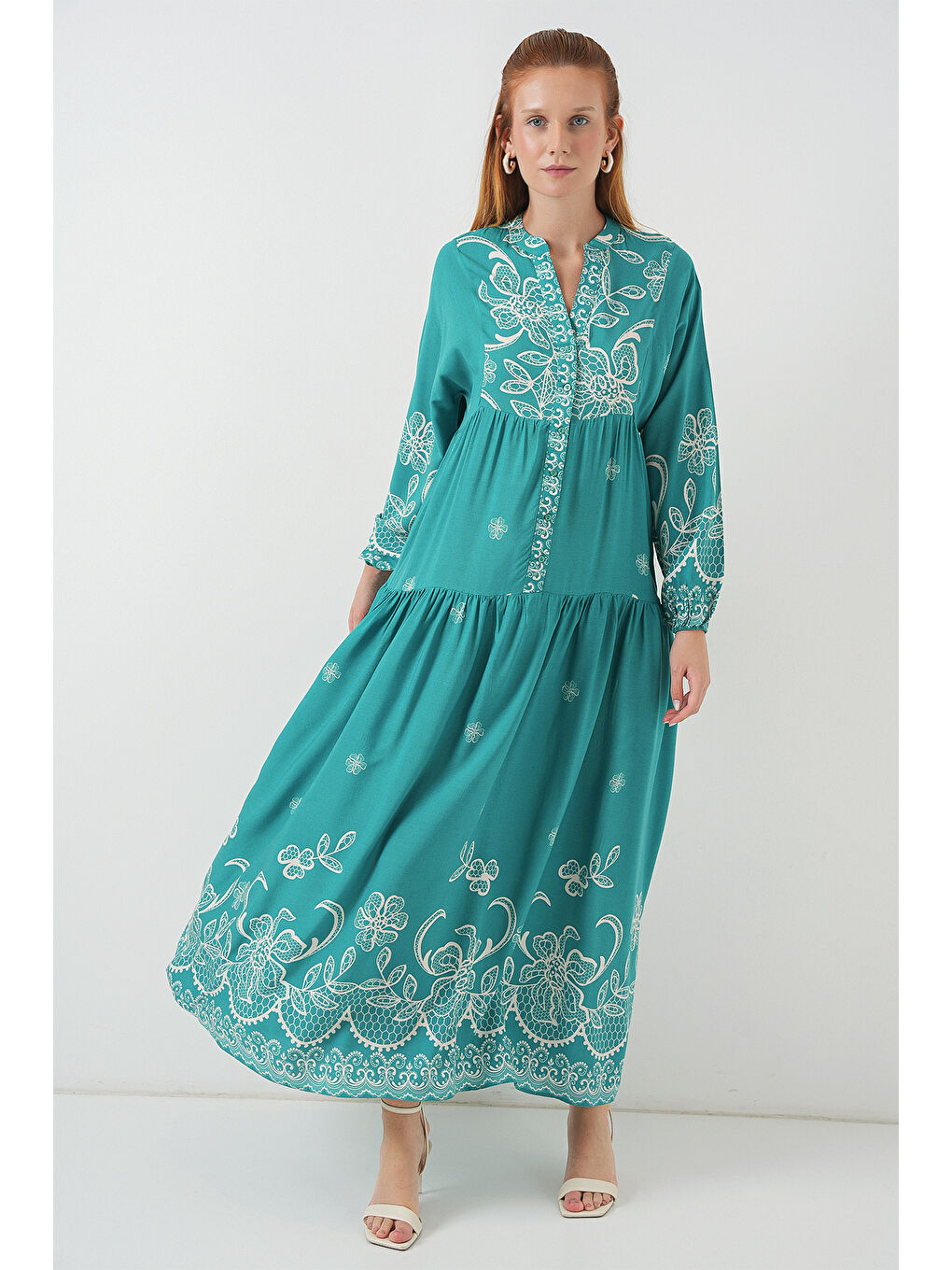 Yeşil Kadın Desenli Uzun Tesettür Elbise 2585 - Mint