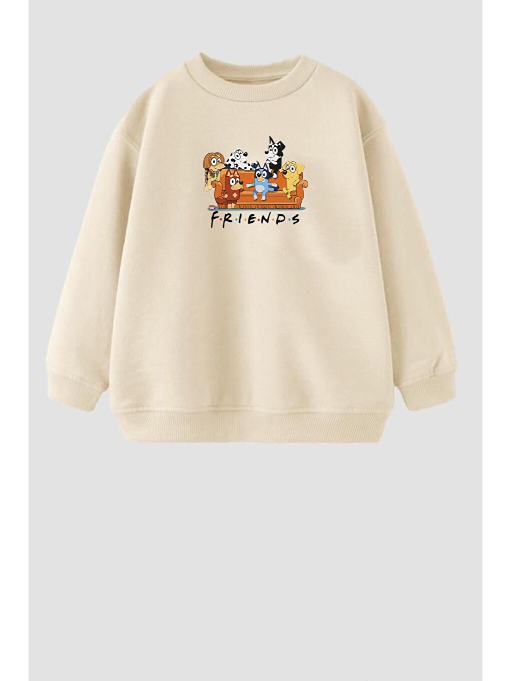 Bej Unisex Çocuk Friends Baskılı 3 İplik Kumaş Pamuklu Sweatshirt