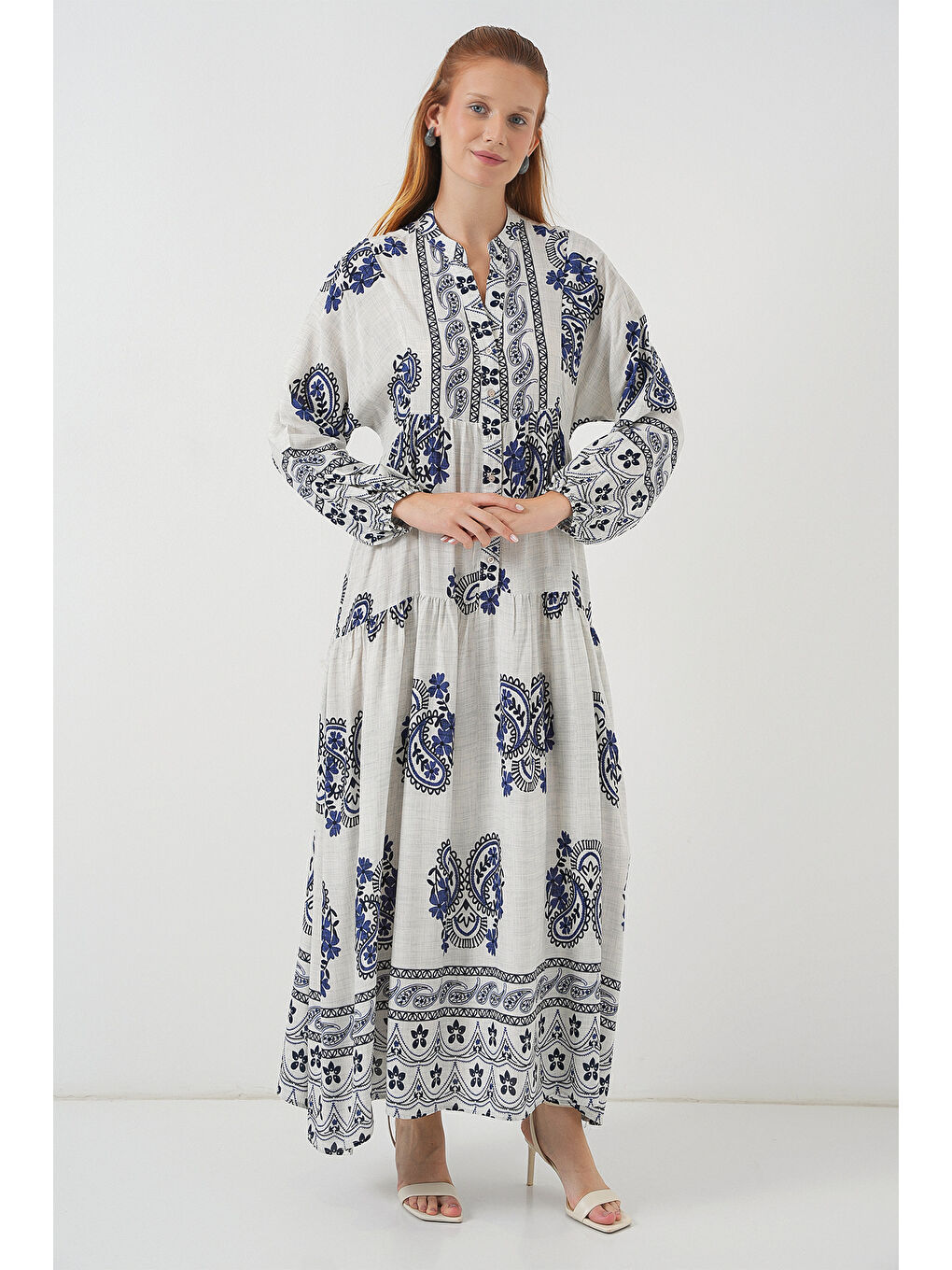 Kadın Desenli Uzun Tesettür Elbise 2585 - F.Lacivert