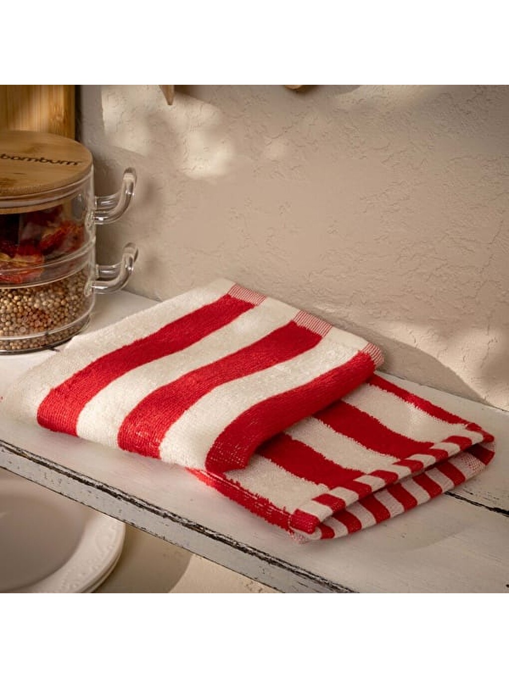 Lila Soft Stribet Kurulama Bezi - Ekru / Kırmızı - 40x66 cm-2