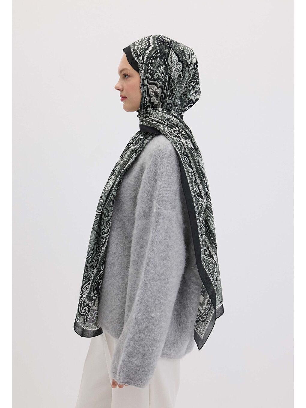 Etnıc Floral Desen Şal Siyah-2