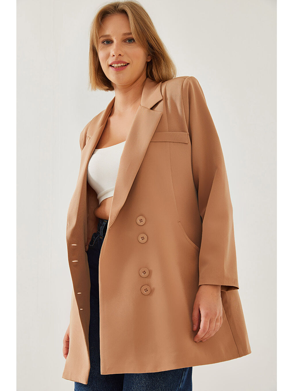 Bej Kadın Kruvaze Blazer Ceket MBMS