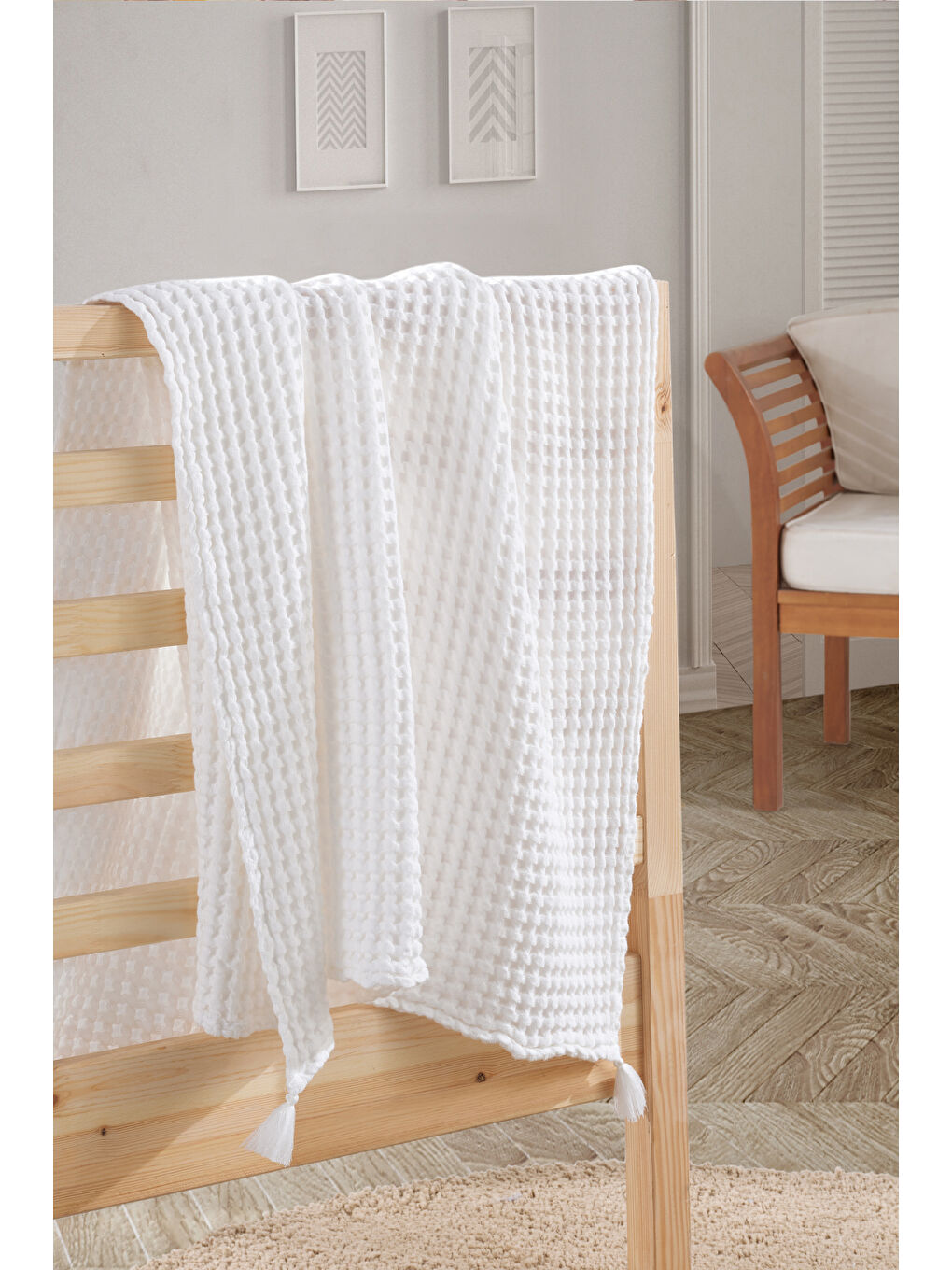 Beyaz- Tek Kişilik Kalın Waffle Pike Örtü - 160x220cm-3