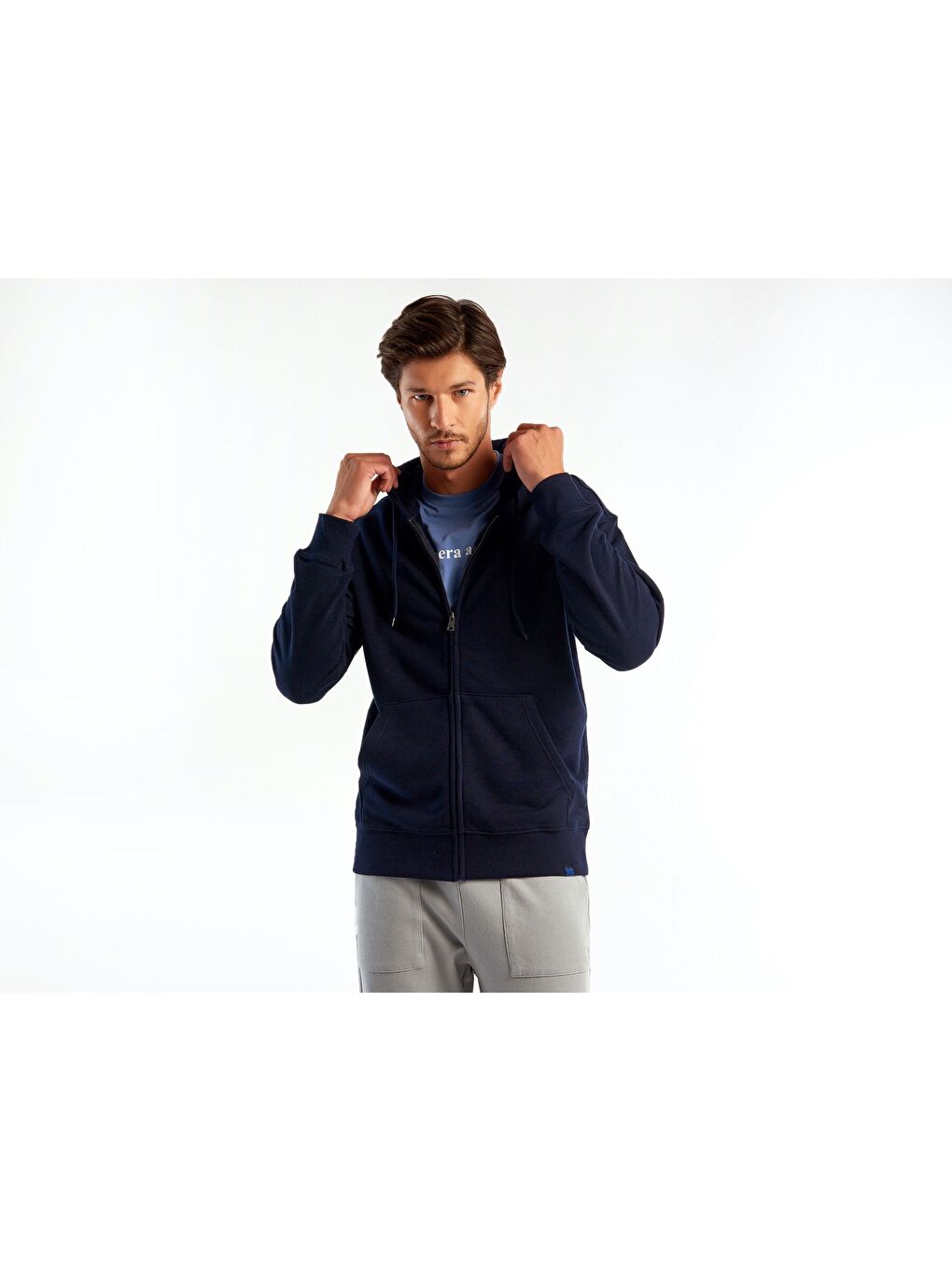 Erkek Lacivert Kapüşonlu  Fermuarlı Sweatshirt-1