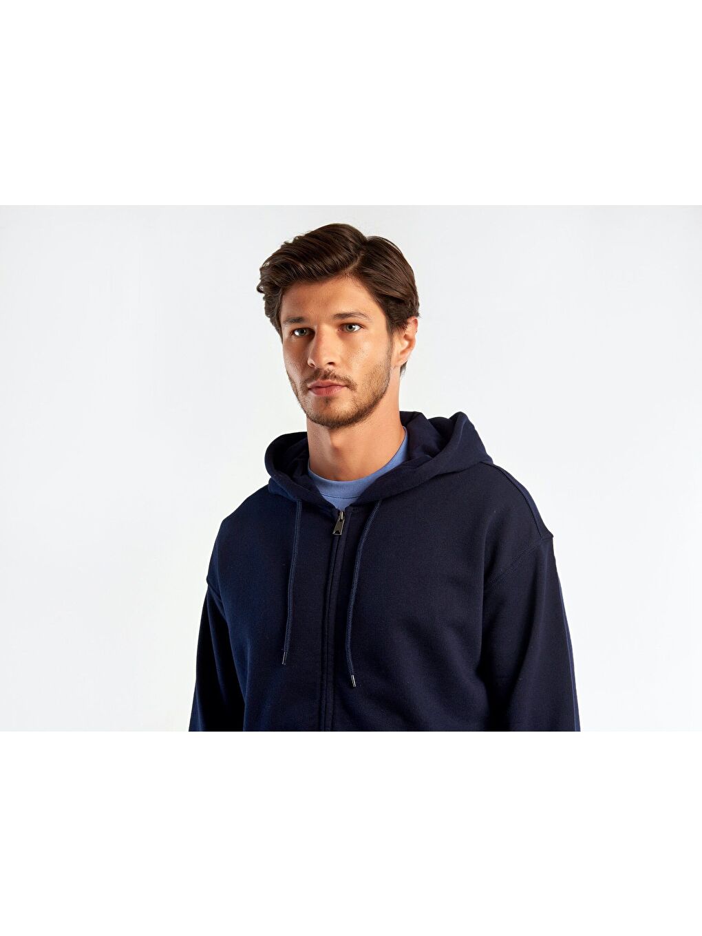 Erkek Lacivert Kapüşonlu  Fermuarlı Sweatshirt-2