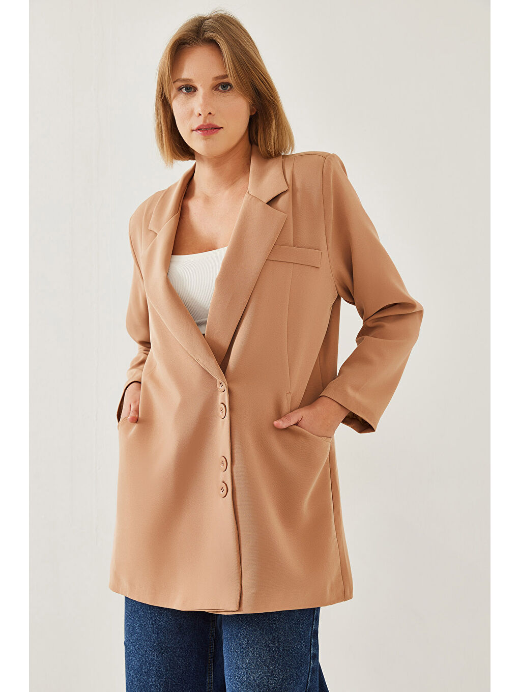 Bej Kadın Kruvaze Blazer Ceket MBMS-1