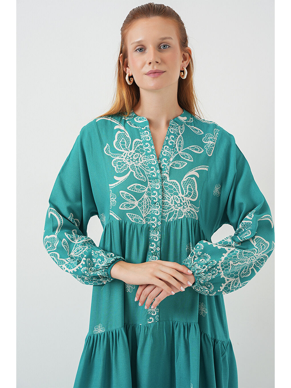 Yeşil Kadın Desenli Uzun Tesettür Elbise 2585 - Mint-1