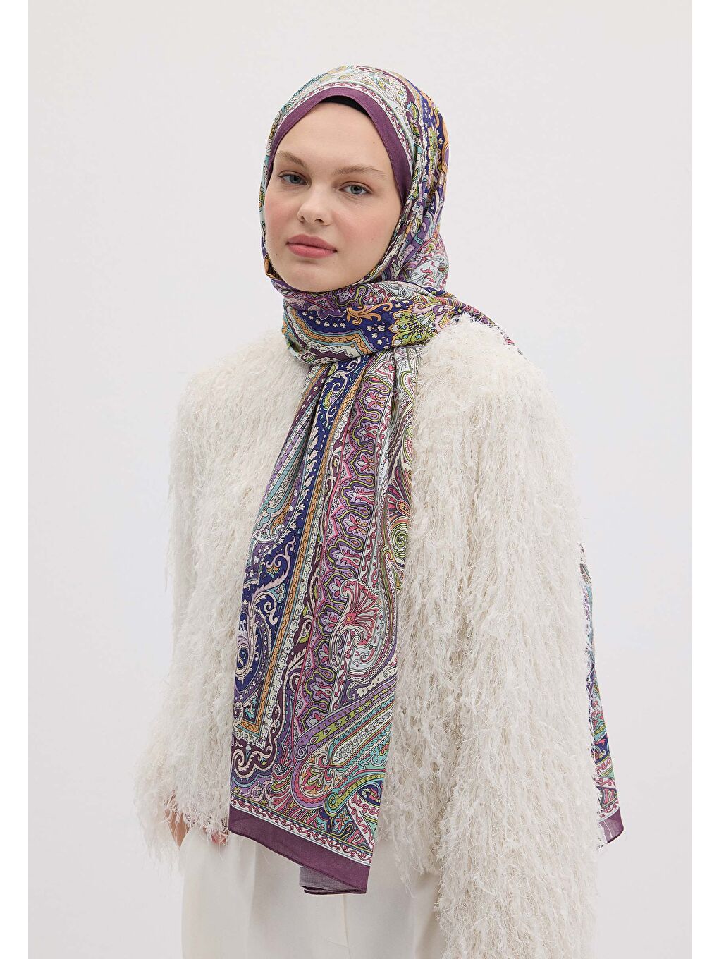 Etnıc Floral Desen Şal Mor-1