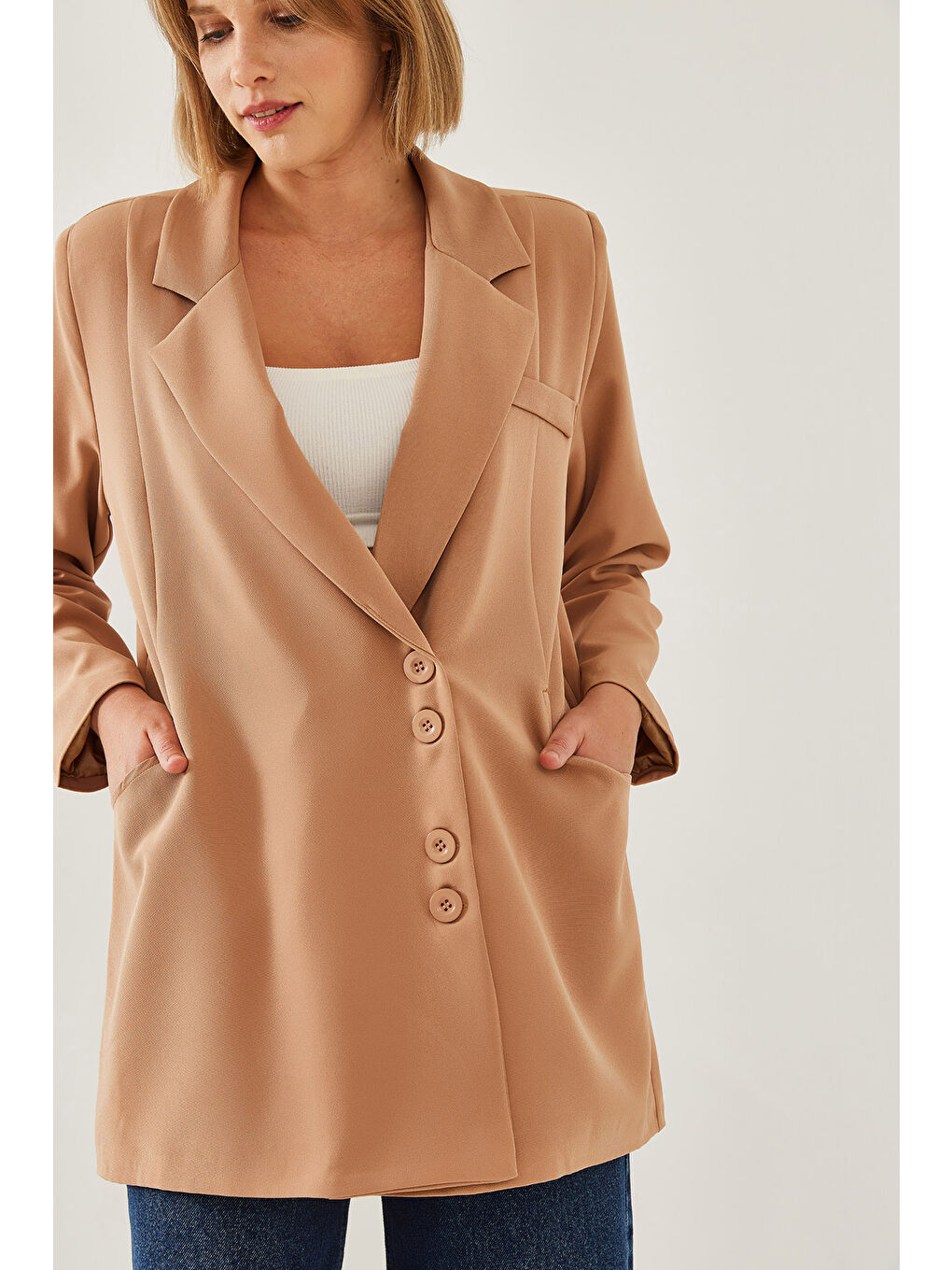 Bej Kadın Kruvaze Blazer Ceket MBMS-2