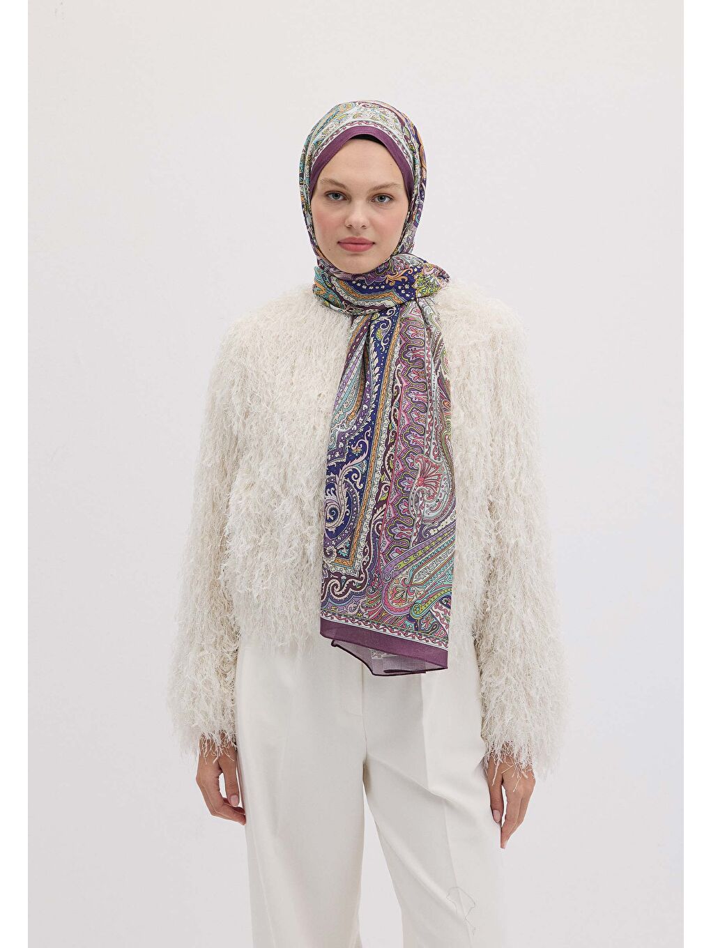 Etnıc Floral Desen Şal Mor-2