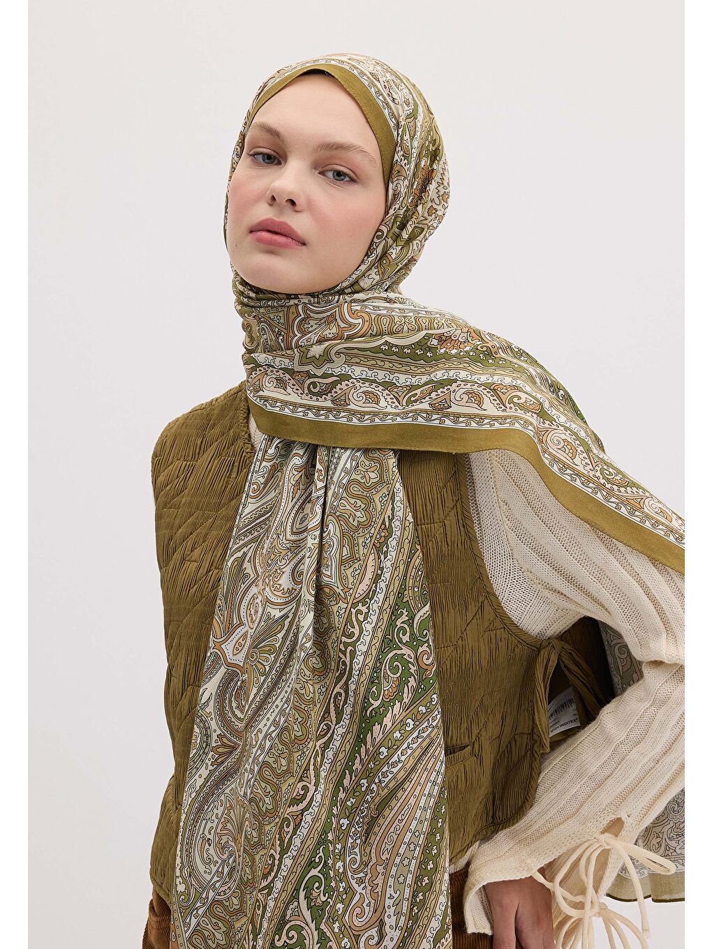 Etnıc Floral Desen Şal Zeytin Yeşili