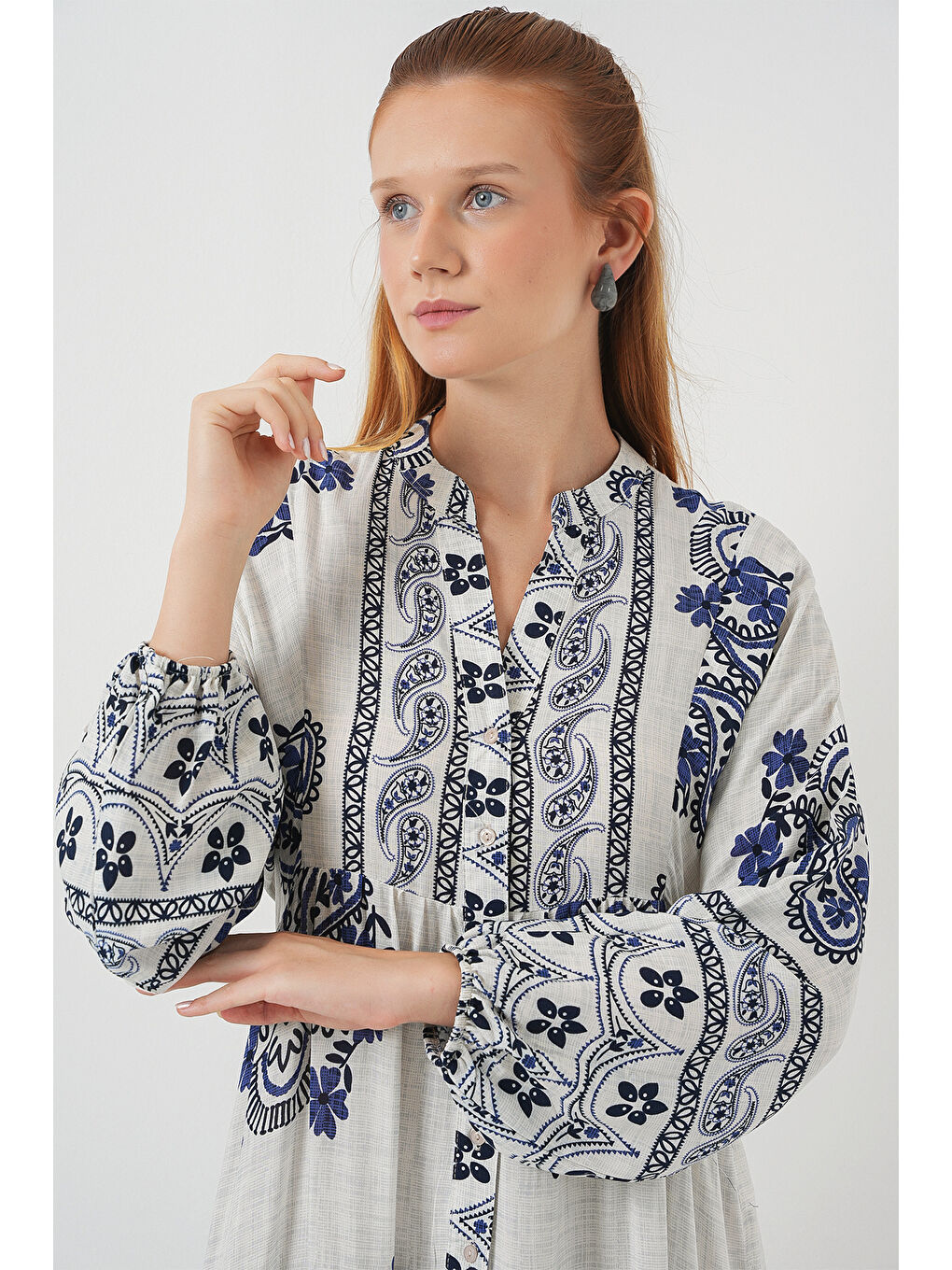 Kadın Desenli Uzun Tesettür Elbise 2585 - F.Lacivert-1