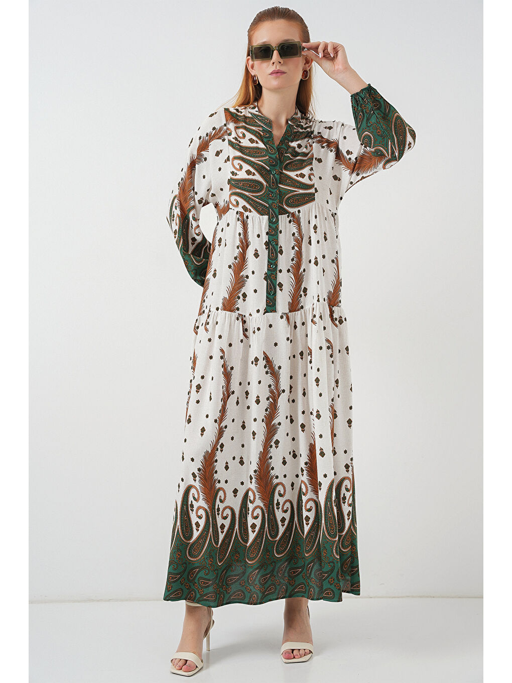 Sarı Kadın Desenli Uzun Tesettür Elbise 2585 - Hardal