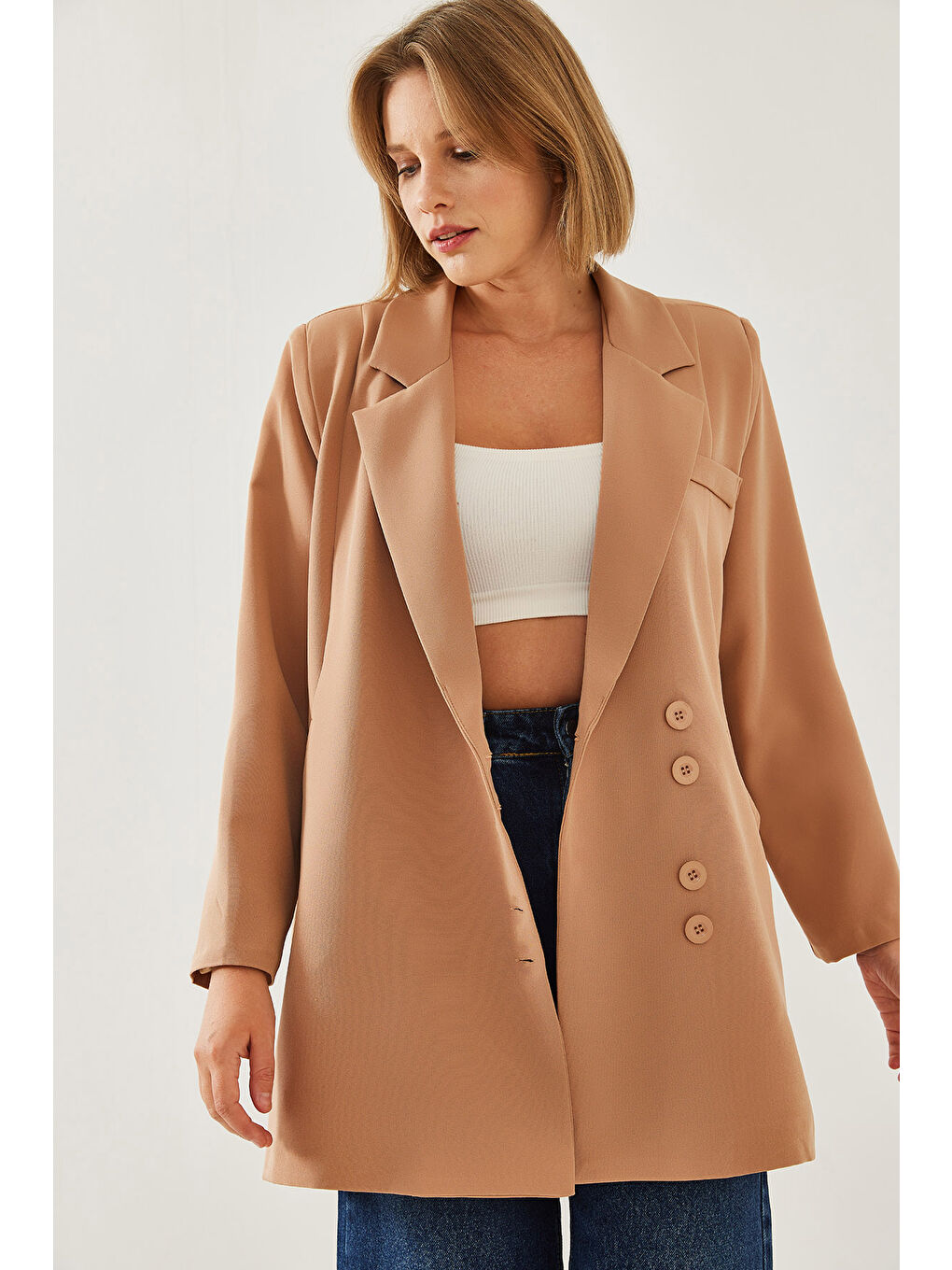 Bej Kadın Kruvaze Blazer Ceket MBMS-4