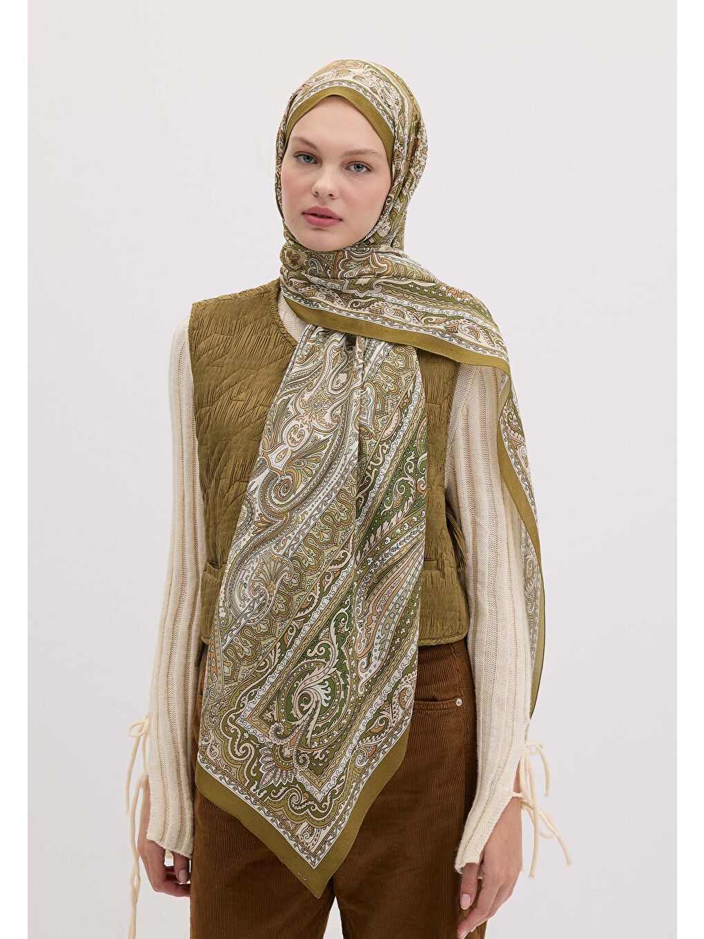 Etnıc Floral Desen Şal Zeytin Yeşili-1