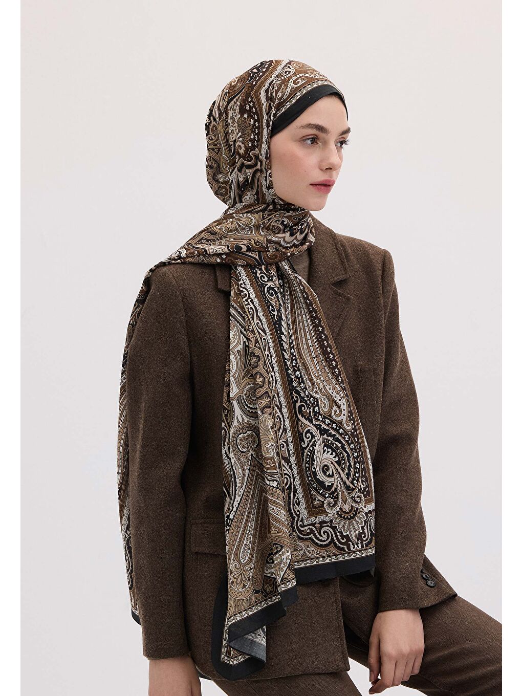 Kahverengi Etnıc Floral Desen Şal Toprak-1