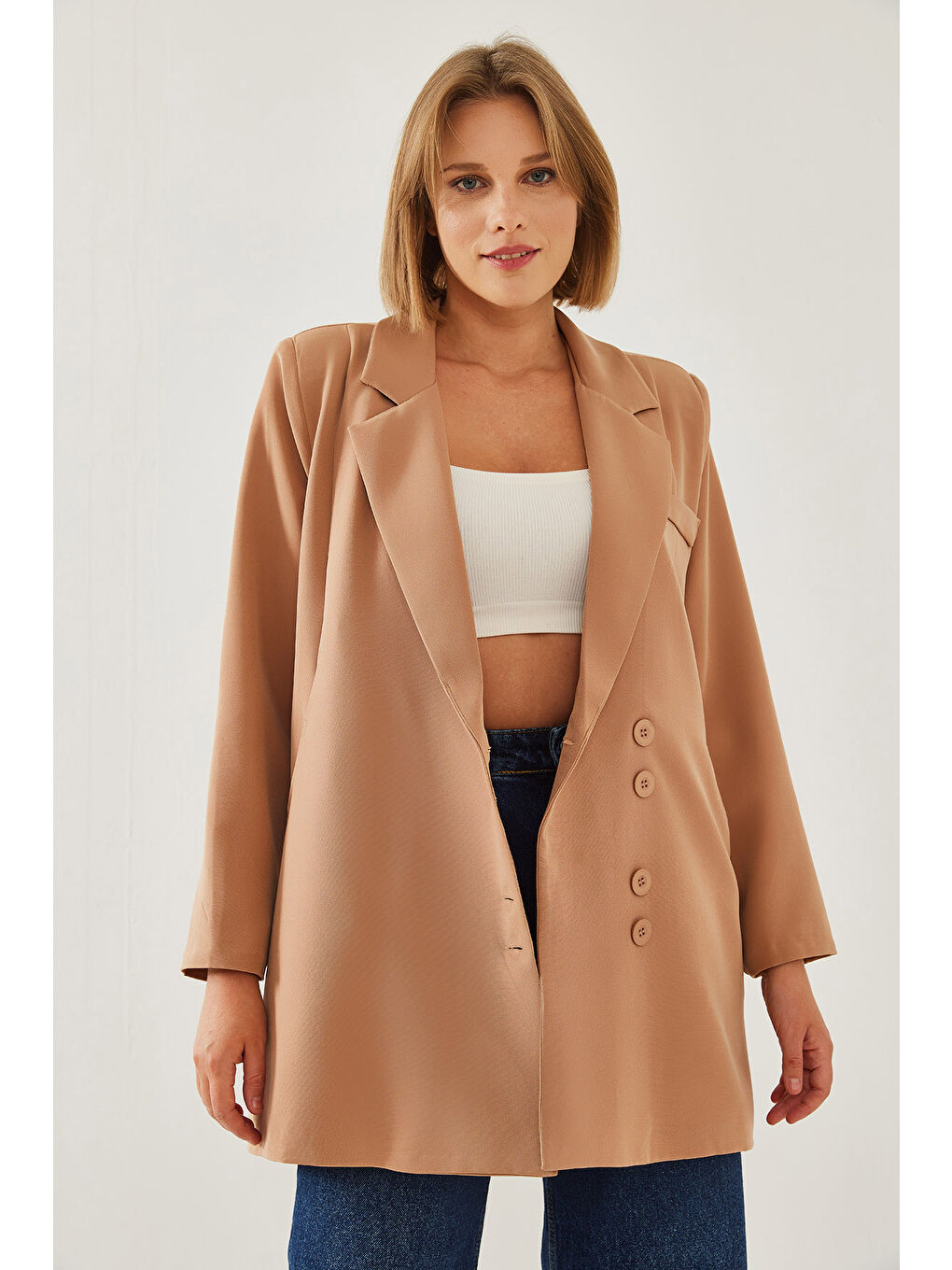 Bej Kadın Kruvaze Blazer Ceket MBMS-5