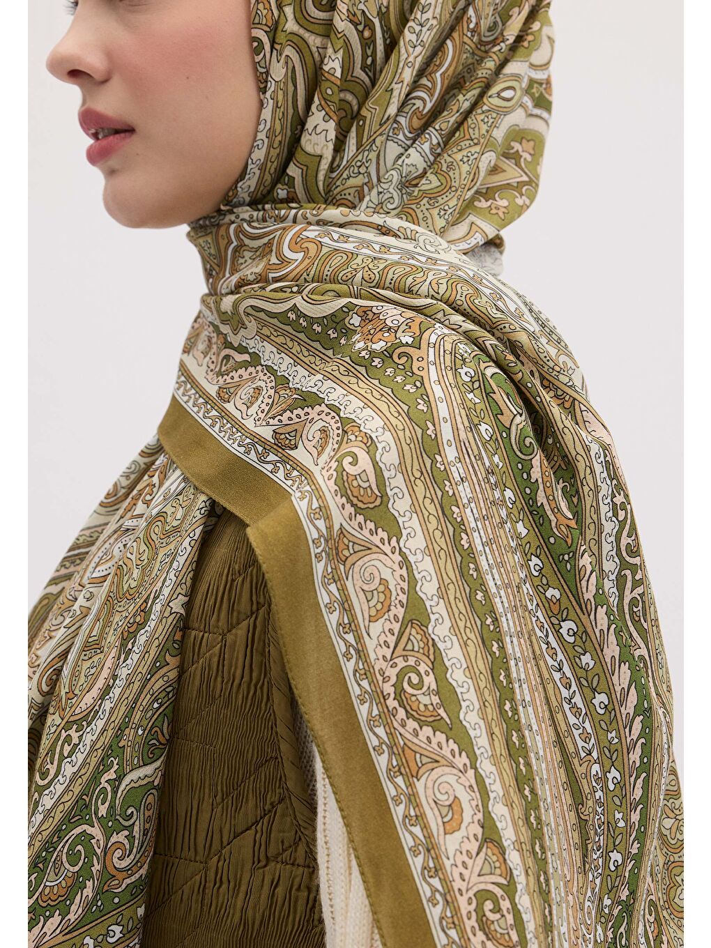 Etnıc Floral Desen Şal Zeytin Yeşili-2