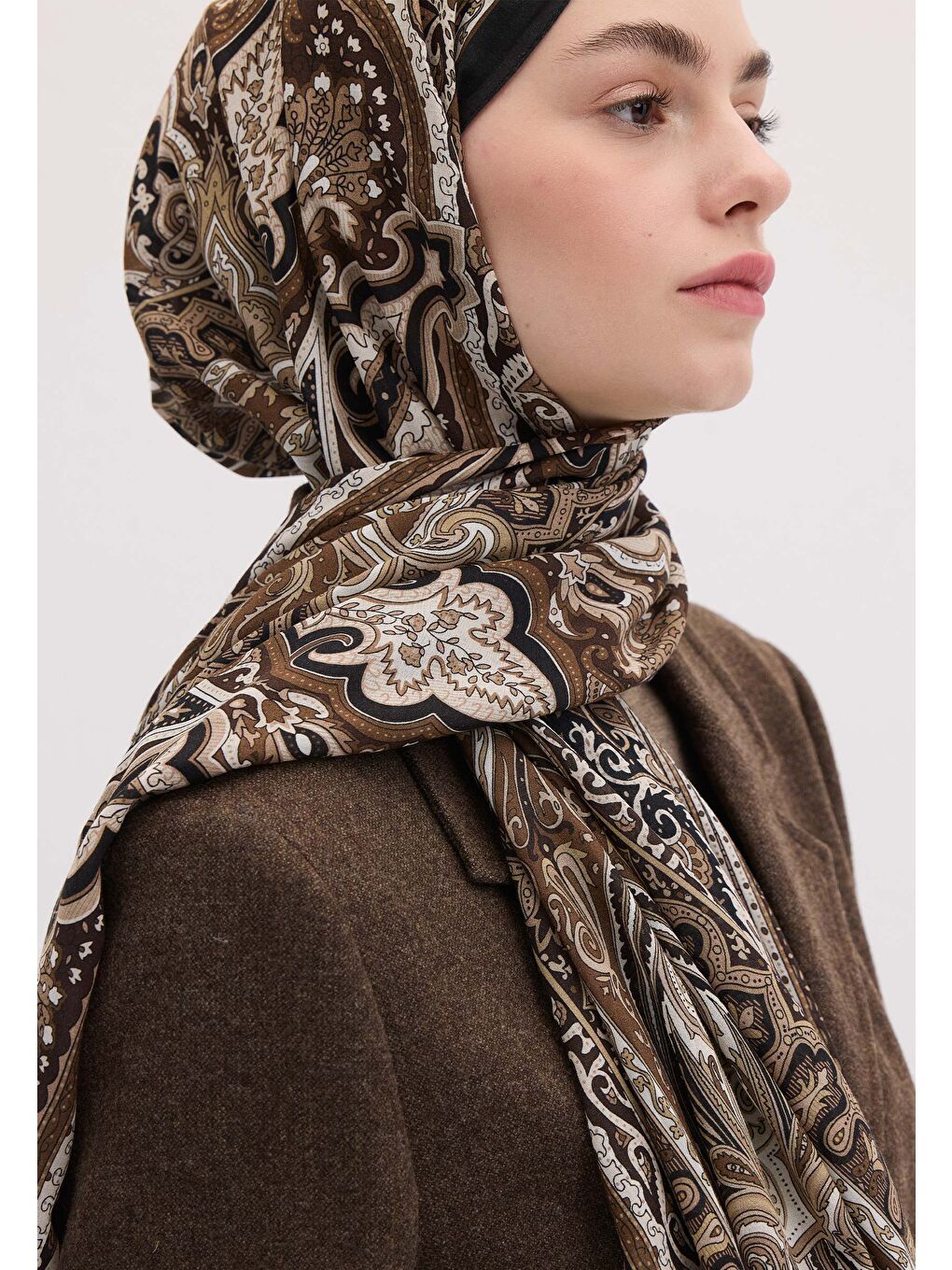 Kahverengi Etnıc Floral Desen Şal Toprak-3