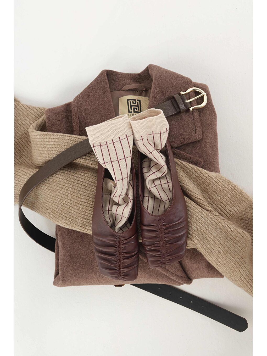 Grid Desen Soket Çorap Bej-Bordo