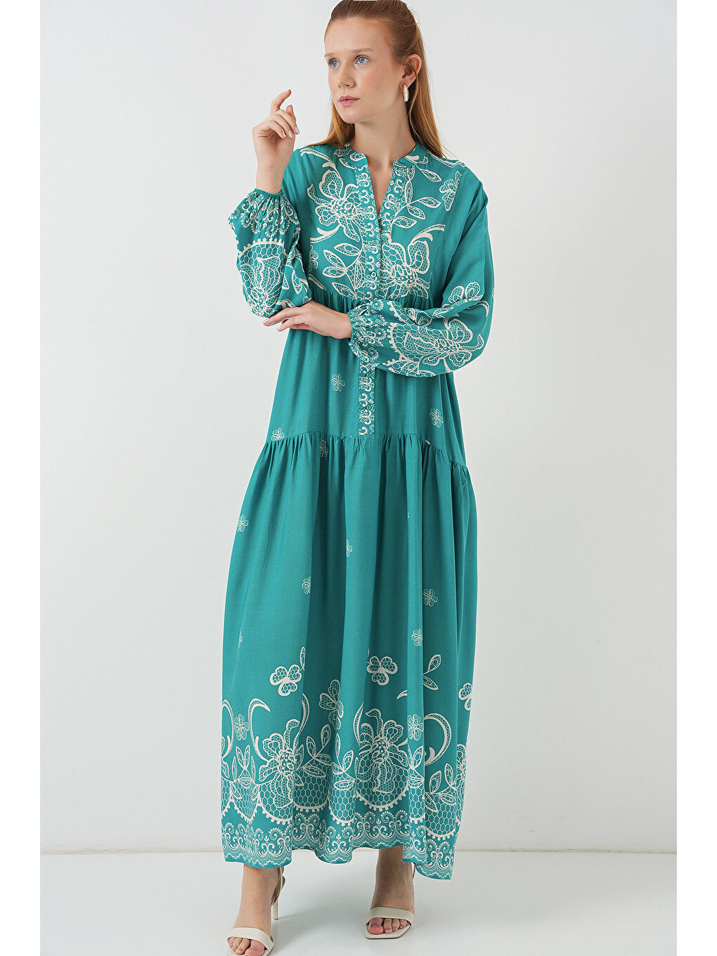 Yeşil Kadın Desenli Uzun Tesettür Elbise 2585 - Mint-2