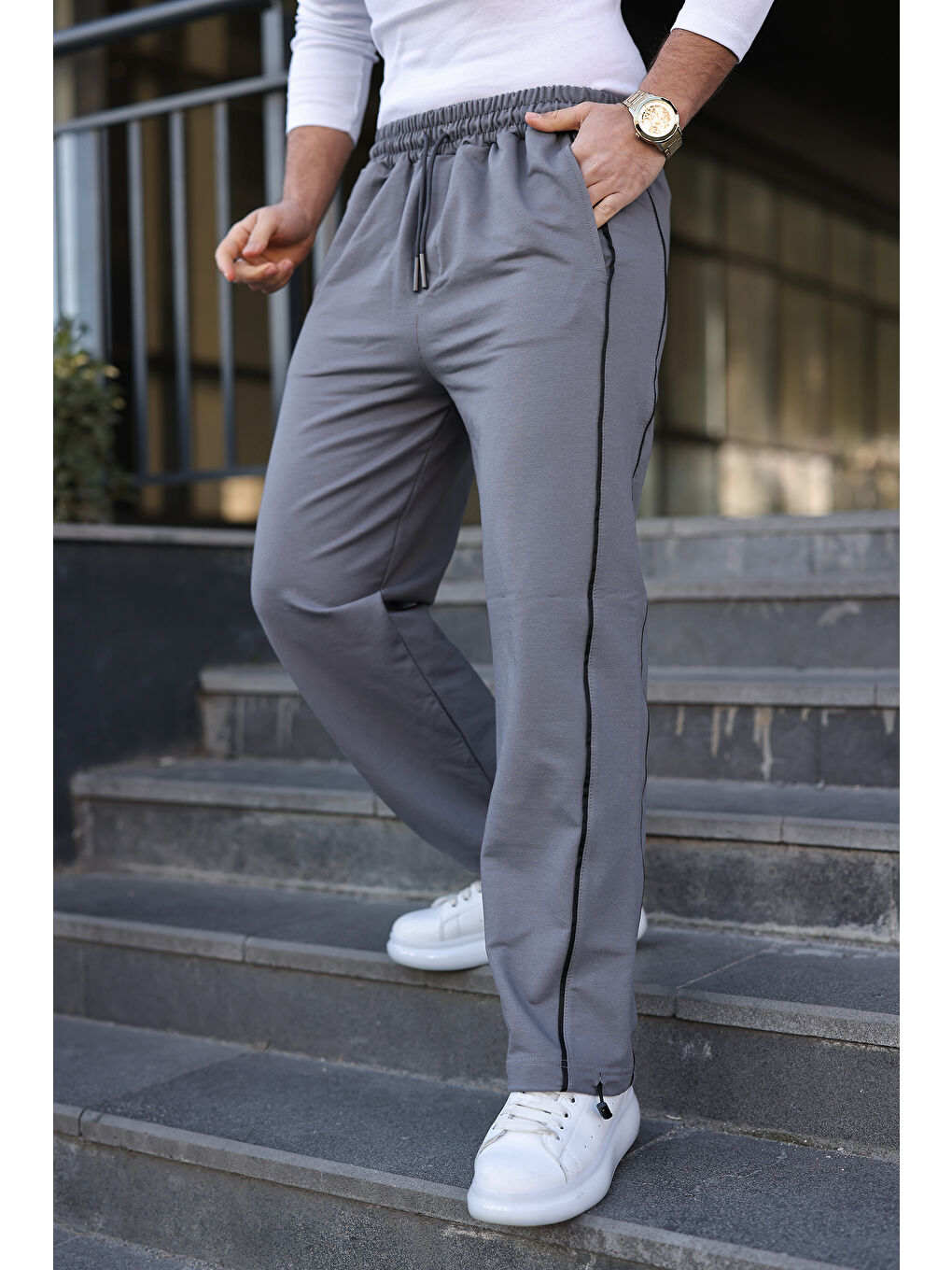 Erkek Günlük Yazlık Çizgili Bol Gri Eşofman Altı