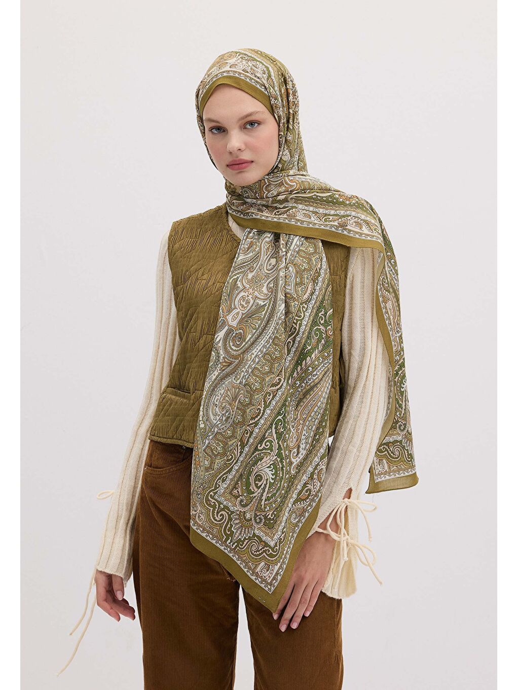 Etnıc Floral Desen Şal Zeytin Yeşili-3