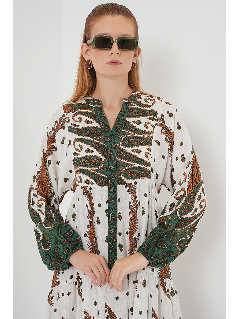 Sarı Kadın Desenli Uzun Tesettür Elbise 2585 - Hardal-1